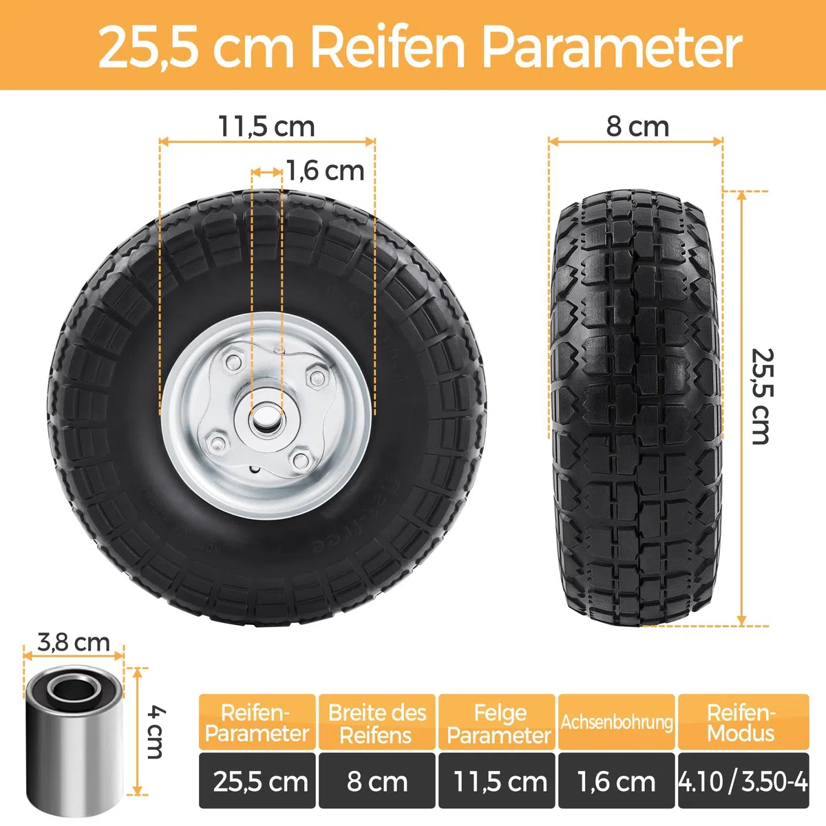 Yaheetech 4x PU Rad Vollreifen Sackkarrenrad, ØxB 255 x 80 mm, 4.10/3.50-4, 16 mm Achse Reifen, pannensicher verschleiß, Bollerwagen Ersatzrad Schubkarrenreifen