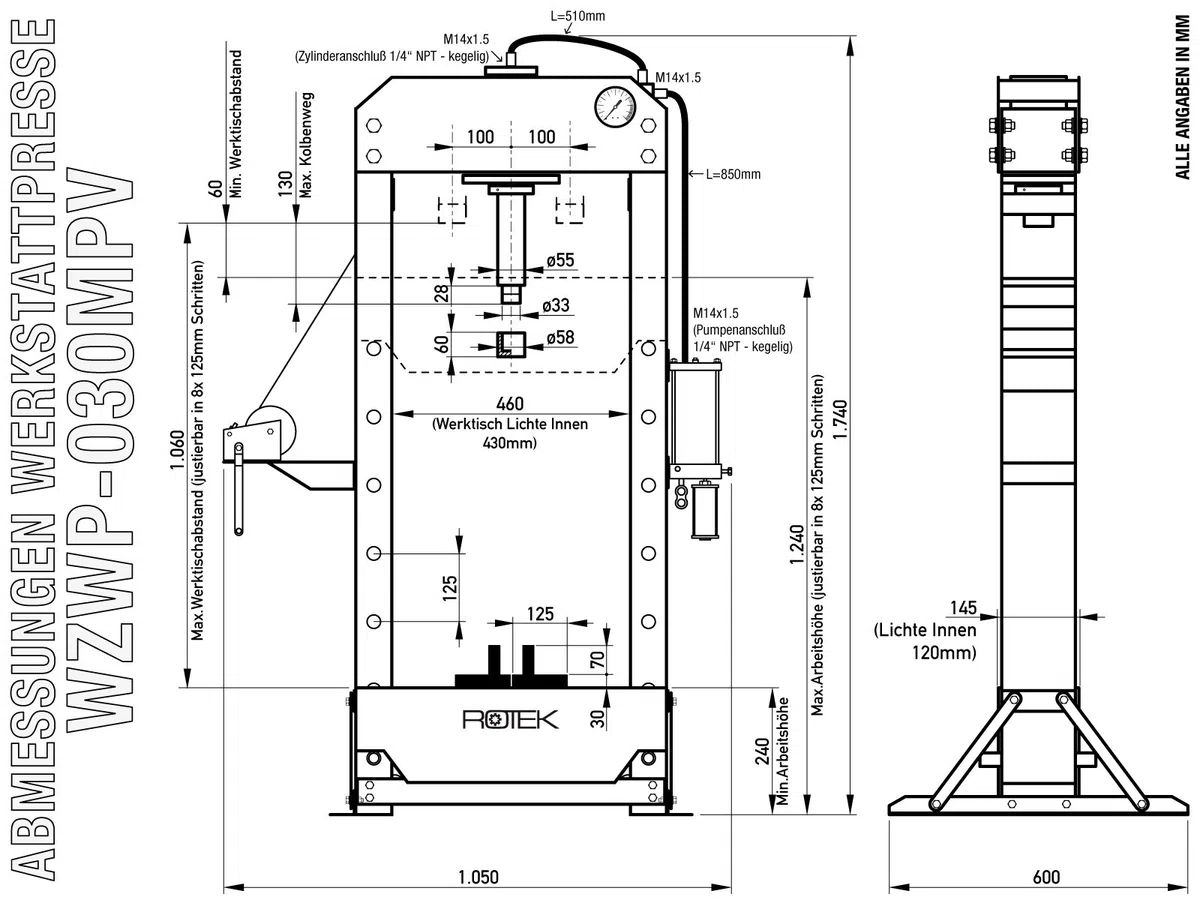 Rotek 30t Werkstattpresse WZWP-030MPV (manuell und pneumatisch)