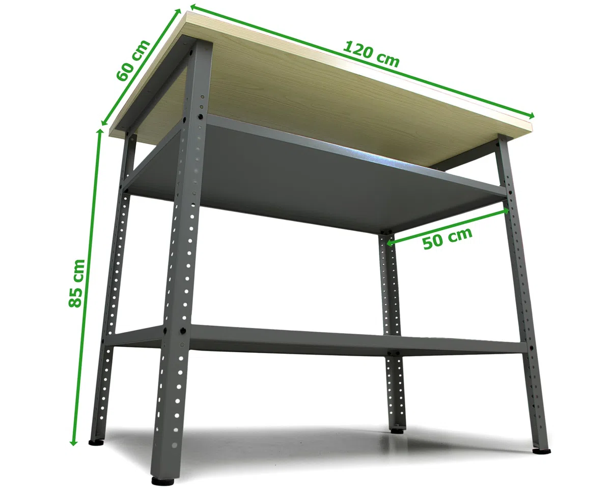 Ondis24 Werkbank 120cm Nobbi Pro Packtisch aus Metall, mit Arbeitsplatte, höhenverstellbare Einlegeböden, Justierfüße, Werktisch für Sparfüchse lichtgrau (85cm)