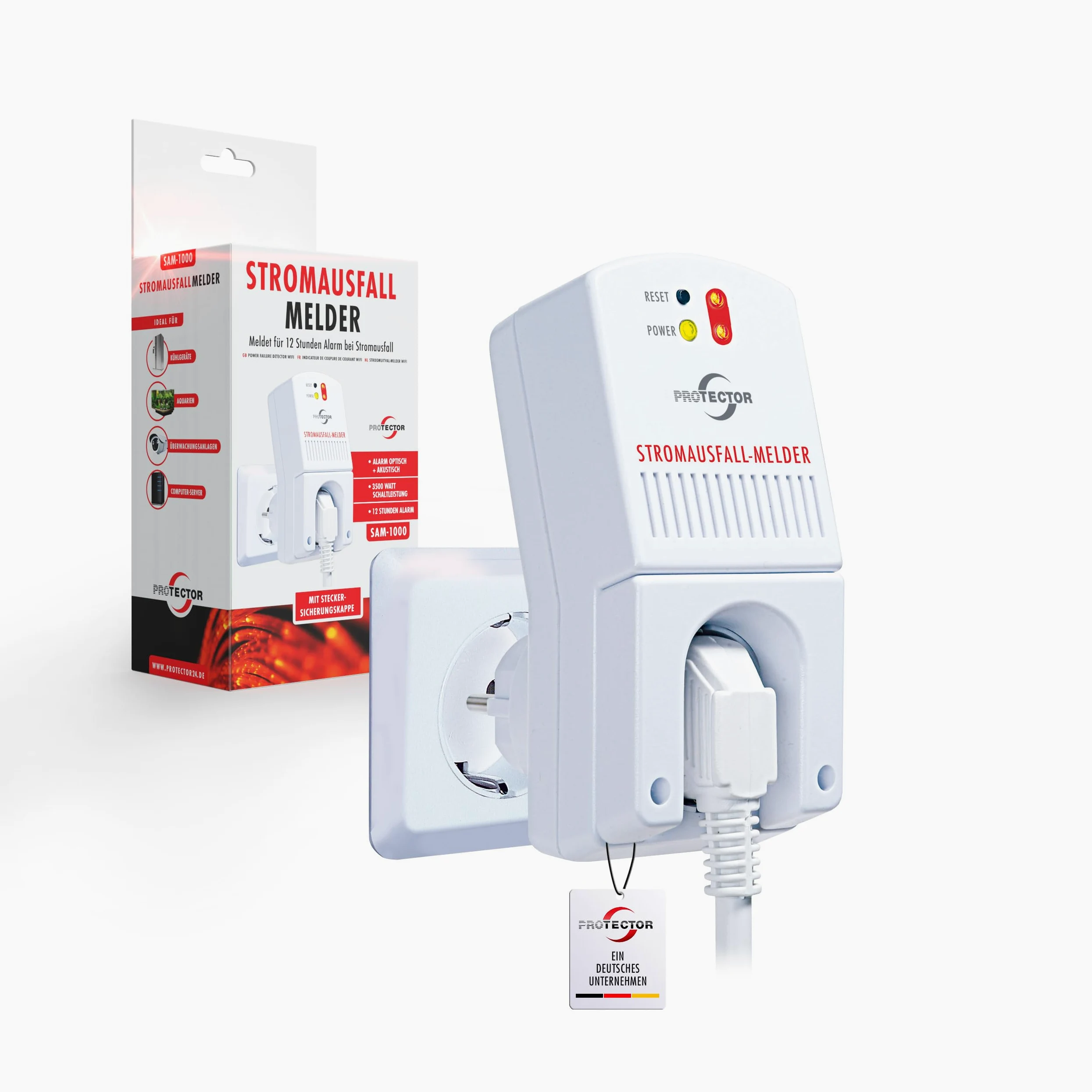 Protector SAM 1000 Stromausfall-Melder | 3500 Watt | Notstrom-gepuffert | 12 Stunden | Stromausfall-Alarm | Kühlschrankalarm