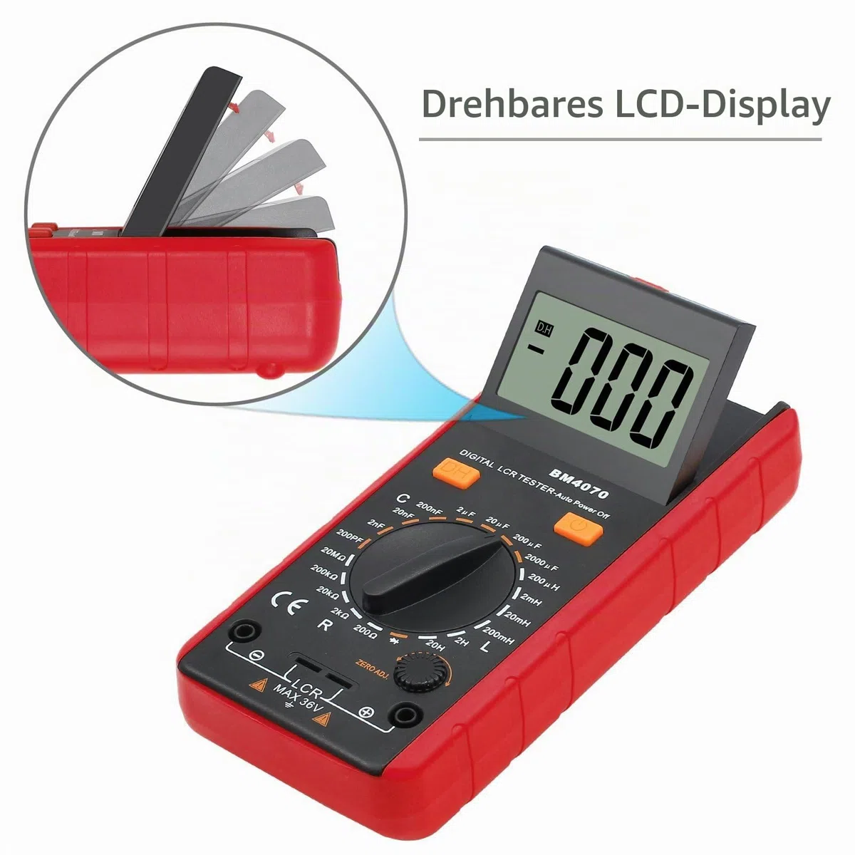 CMMWAY LCR Messgerät, Digitaler LCR Multimeter für Kapazitäts Induktivitäts Widerstand Diode Prüfen, LCR-Messgerät mit Umkehrbarer LCD Überspannung Anzeige, Krokodilklemme & Batterie