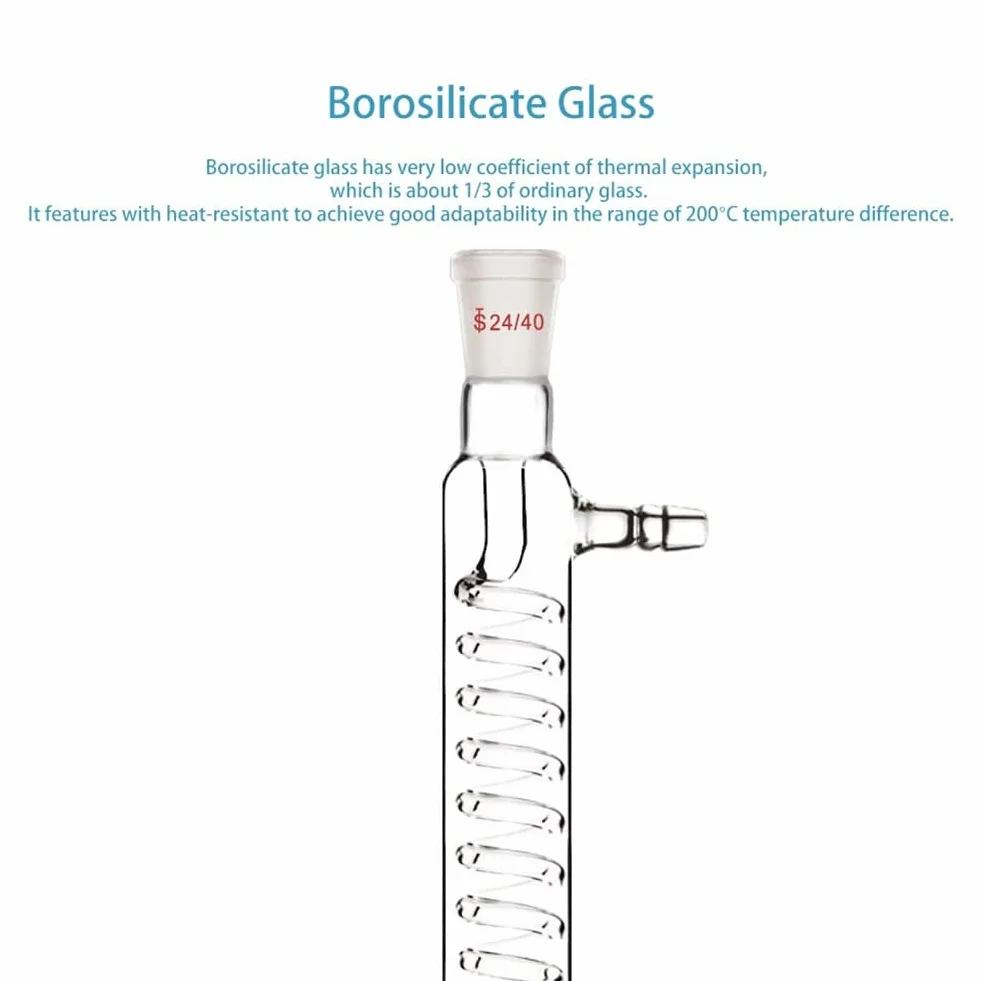 Borosilikatglas-Kondensator mit 24/40-Anschluss, 300 mm Mantellänge, Laborglas-Kondensator, Serpentinen-Kondensatorrohr, Langlebig, Einfache Installation