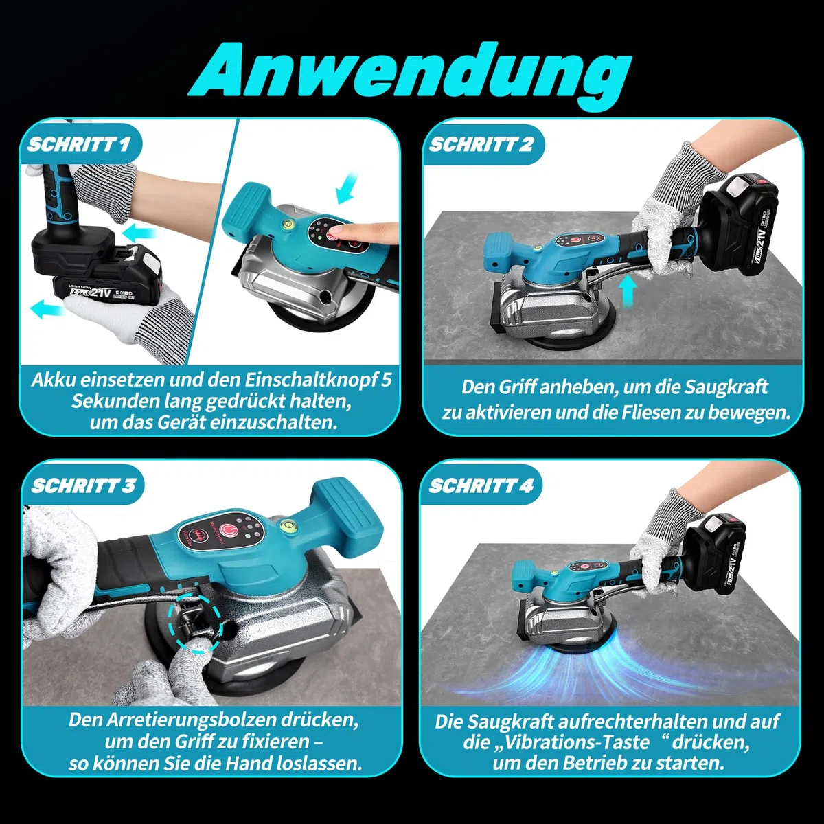 YEARTOP 2-in-1 Fliesenrüttler Akku 125mm Saugnapf Kompatibel mit Makita 18V | Fliesen Vibrationsgerät für Fliesen/Marmor/Holz/ Gipsplatte, Max 12000 RPM 5 Gänge, 110LBS Saugheber mit 2x 2.0Ah Akkus
