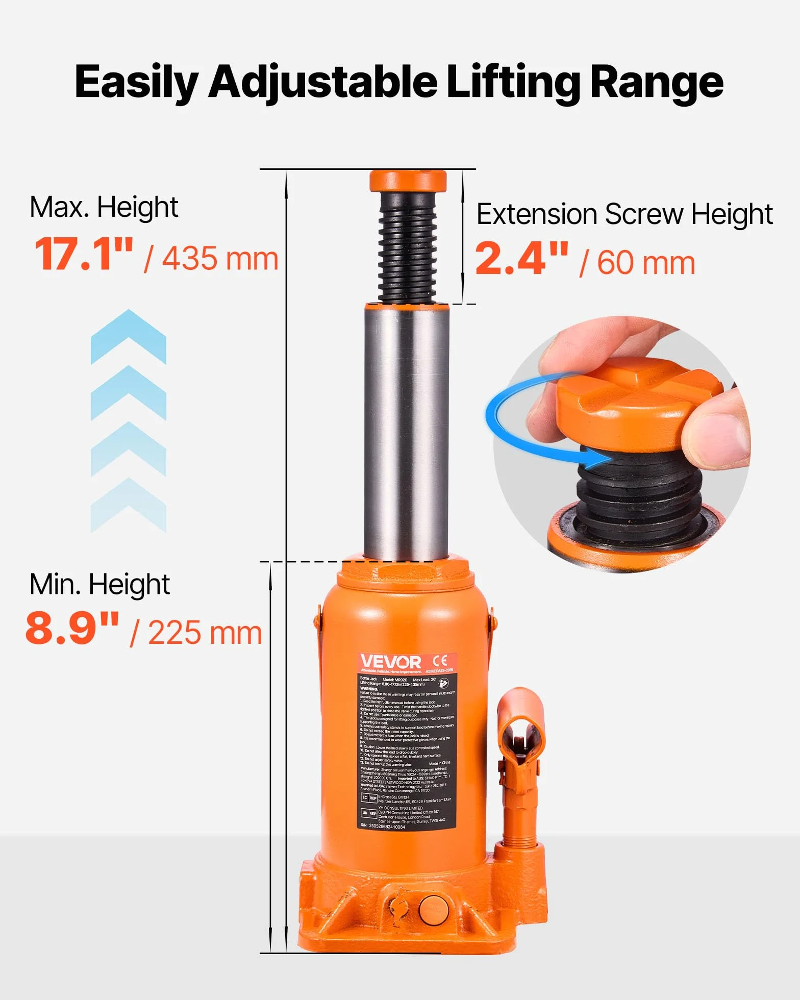 VEVOR hydraulischer Wagenheber Flaschenwagenheber 20 t 225–435 mm Hubbereich, Hochleistungs-Stempelwagenheber für Auto SUV Pickup Autoreparatur Hauslift landwirtschaftliche Geräte, Orange