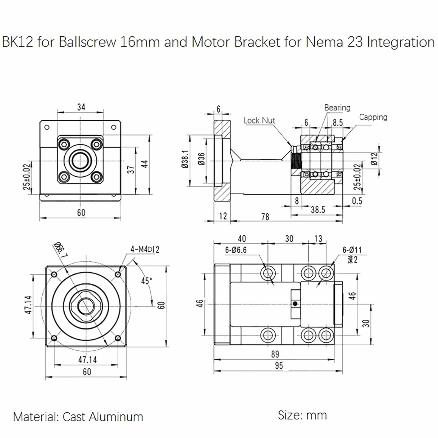 Motorhalterung und BK12 Lager-Endstützblock für Nema 24 Servomotor und 16mm Kugelgewindespindel SFU1604 SFU1605 SFU1610 als CNC-Kit-Komponenten