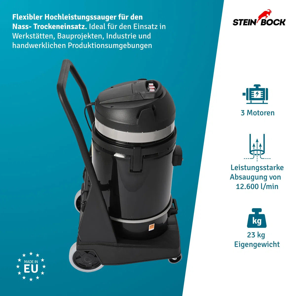 Steinbock Industriesauger nass & trocken| 3.300 Watt | 72 l Fassungsvermögen | mit 3 leistungsstarken Motoren | Für Flüssigkeiten, Feinstaub und groben Schmutz |Kippfahrgestell | Kunststofftank