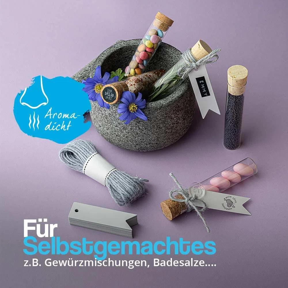 Tuuters Glas Reagenzgläser mit flachem Boden und Korken (100 x Ø 20mm) | 20ml Reagenzglas mit Naturkorken zum Hinstellen - Ideal als Gastgeschenk, Gewürzglas, für Blumensamen oder Geldgeschenke