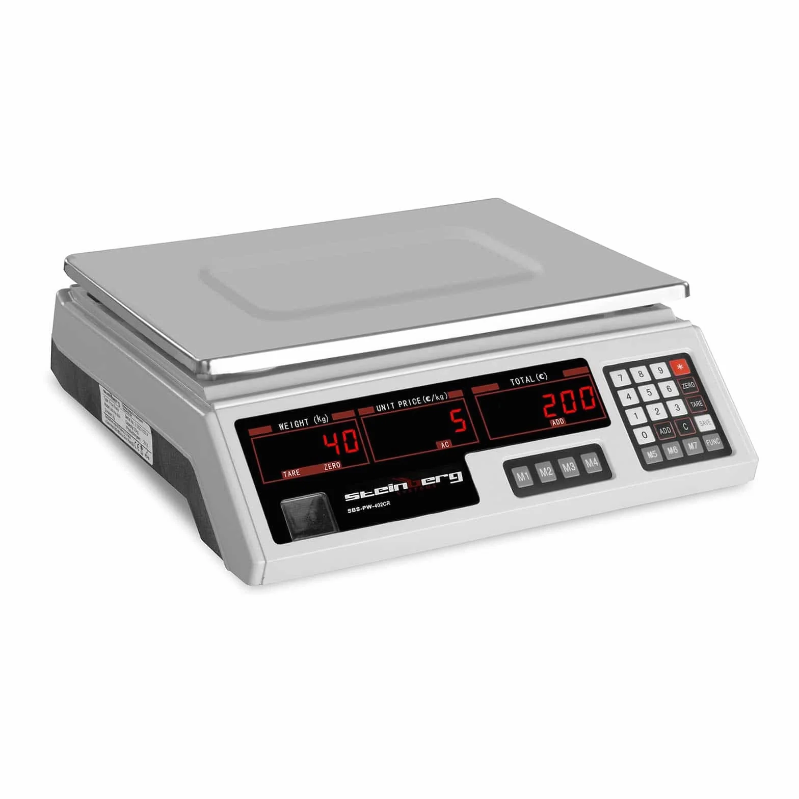Steinberg Systems Kontrollwaage 40 kg / 2 g Tischwaage Digitale Waage 7 Speicherplätze LED-Display integrierter Akku