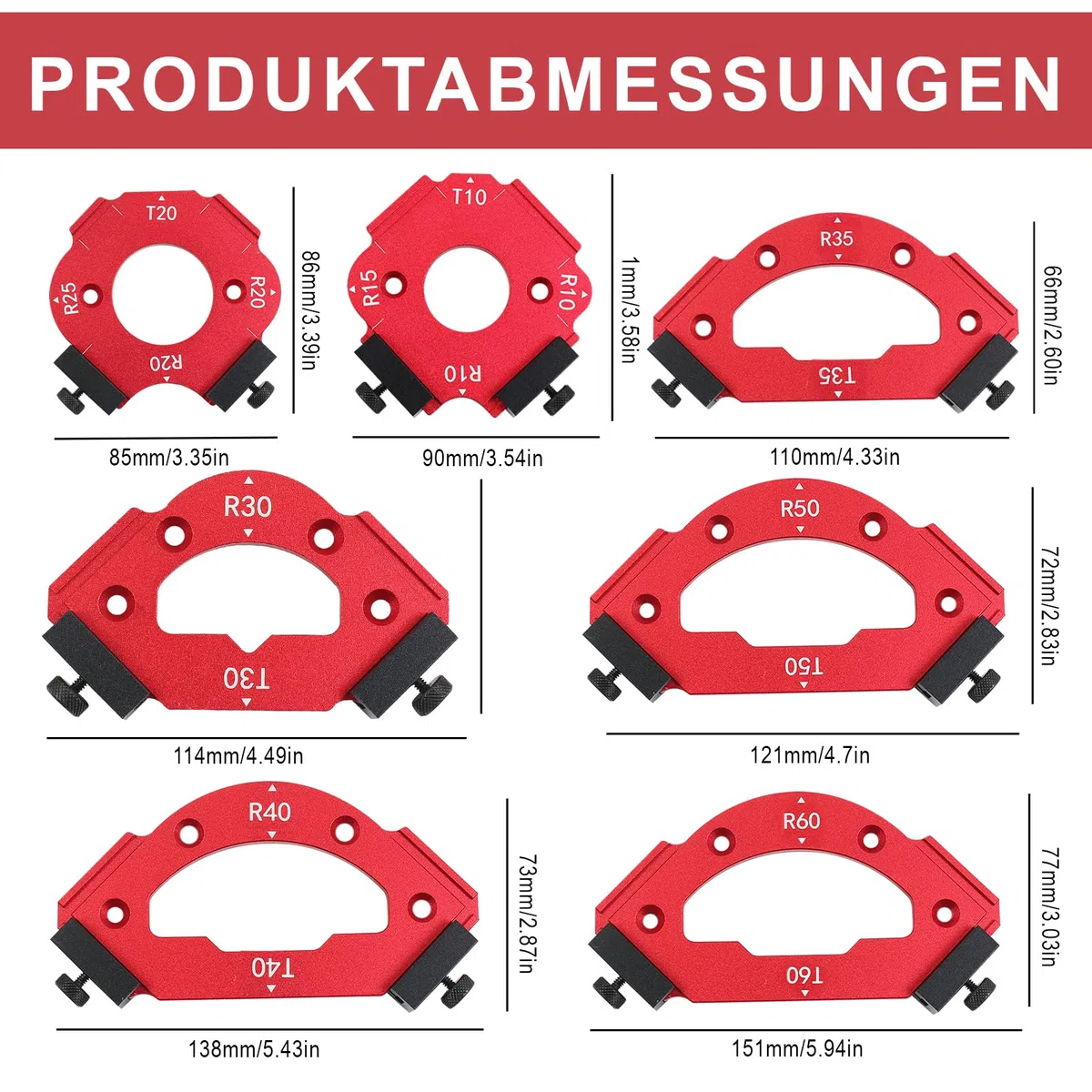 7 Stück Frässchablone Oberfräse, Aluminium Eckradius- Frässchablone Oberfräse für Holzbearbeitung, R10–R60 T10–T60, 3-in-1 Radius Jig für perfekte Innen, Außenrundungen & Fasen
