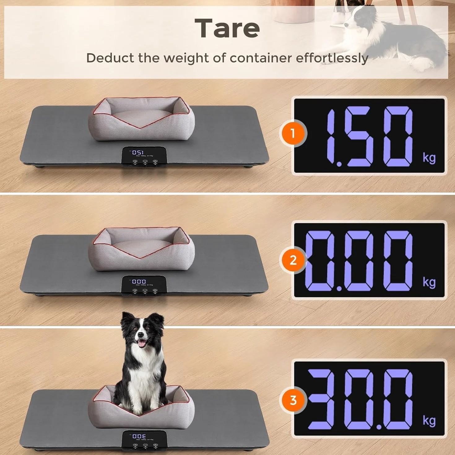 Bonvoisin Digitale Tierwaage bis 100 kg, Haustierwaage mit 10 g Genauigkeit & 3 Wiegemoden (kg/lb/st) – Große Gummimatte 68x33 cm, LCD-Display, Haltefunktion, USB-C Aufladung für Hunde und Katzen