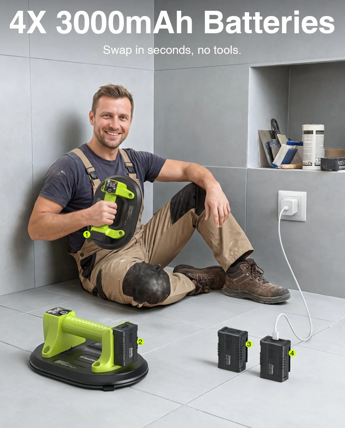 Taskstar Akku Saugheber für Fliesen, 25cm Elektrischer Vakuumheber mit 4x 3000mAh Akku, LCD-Anzeige, Plattenheber Vakuum Saugnäpfe für Glas, Terrassenplatten