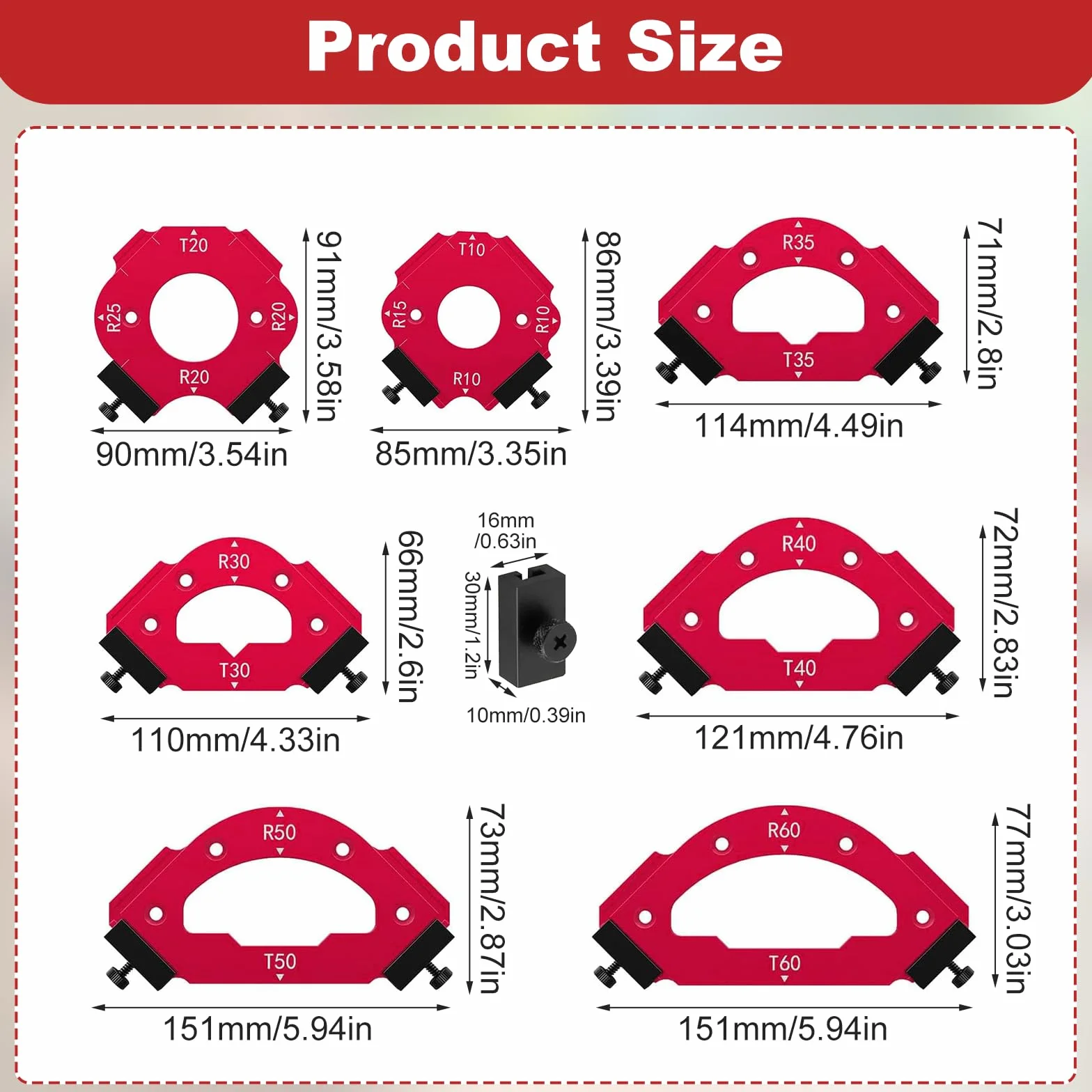 Radius Schablone Set, 7 Stück Eckradius-Frässchablone aus Aluminium,18 fach Radiuslehre für perfekte Innen, Außenrundungen & Fasen (R10-R60, T10-T60) mit Doppel-Anschlägen für Oberfräsen
