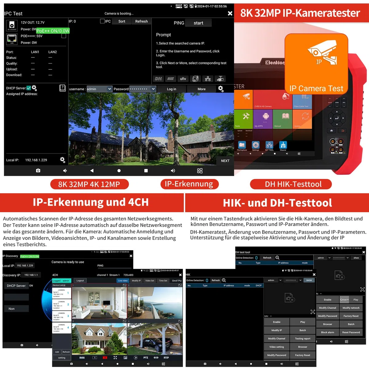 Henkion IPC CCTV Tester H20-MOVTADHSEF 8K 32MP 12MP IP Kamera Test POE++ Max 90W HD Kameratester 8MP TVI/CVI/AHD/SDI/CVBS DMM TDR WiFi Netzwerk Tools RJ45 Kabel Tester 2CH SFP Port HD VGA