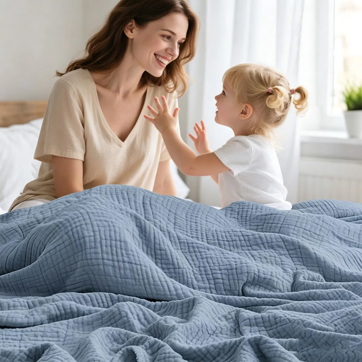2026 Sanfte Musselindecke,Musselin Decke,Musselin Gesichtshandtuch,100% Baumwolle,Sommer Musselin Bettwäsche für Couch,atmungsaktive Gaze-Decke alle Jahreszeiten (Blau,152 * 200cm)