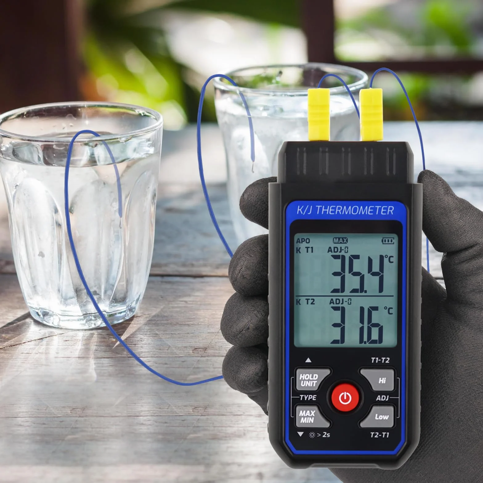 Thermoelement-Thermometer Digitales Zweikanal-Thermometer vom Typ K/J mit 4 Thermoelementen vom Typ K, -328~2501℉ Messbereich Temperaturmessgerät HVAC-Thermometer mit Alarm und ADJ-Kompensation