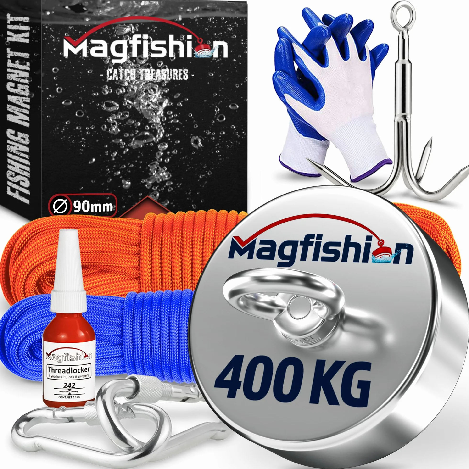 MAGFISHION Magnetfischen Set - 400 KG - Ø90mm - Neodym Magnet mit 2 Seilen, Greifhaken, Handschuhe - Magnet Fischen Angel - Ösenmagnet - Fishing Magnetangel - Magnetangeln Set