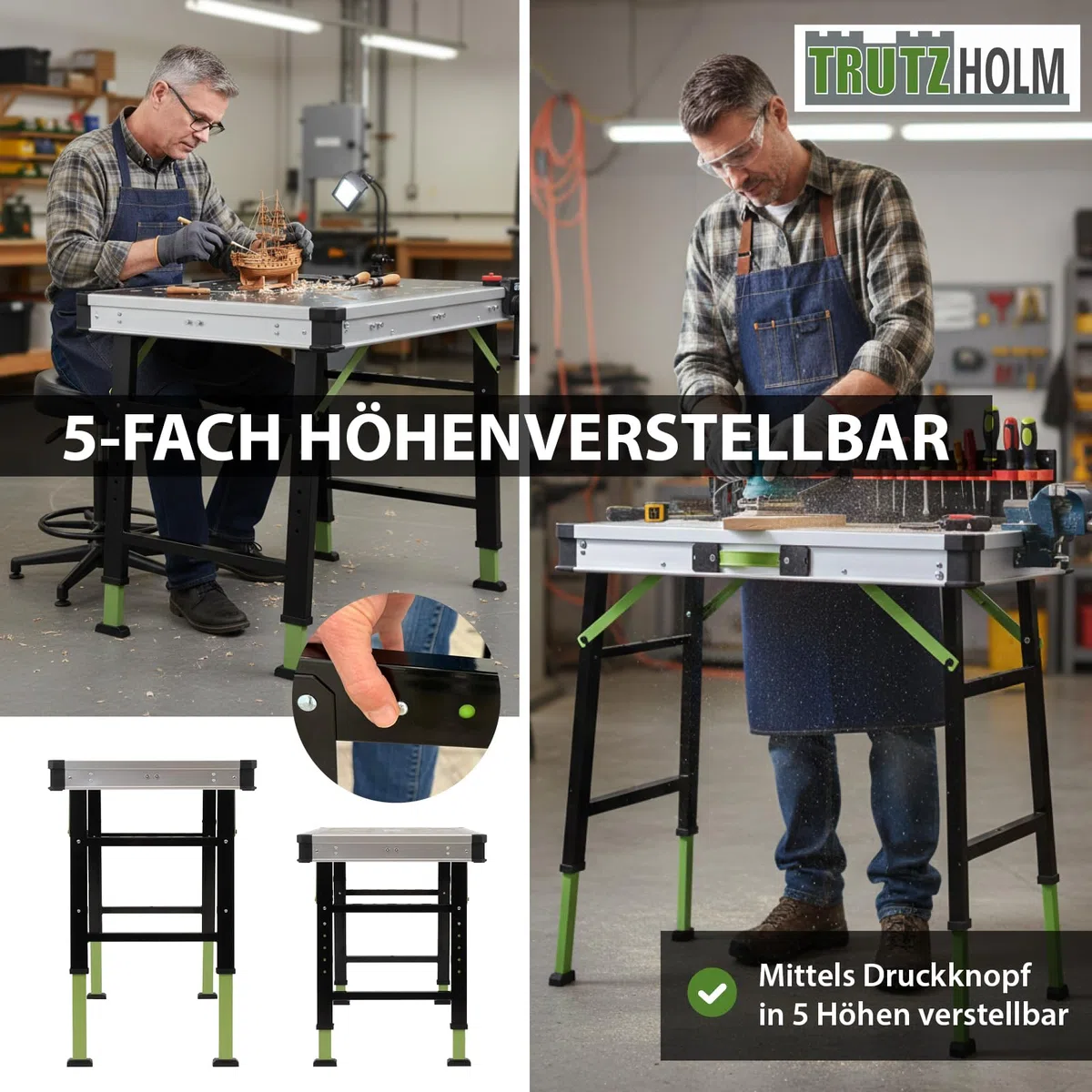TRUTZHOLM Werkbank Multifunktionstisch Spanntisch 60 x 85 cm klappbar höhenverstellbar 73–90 cm Arbeitstisch mit Messskala, 450 Kg, 20mm Lochrastersystem, Werkzeugboxen, Schnellspannern