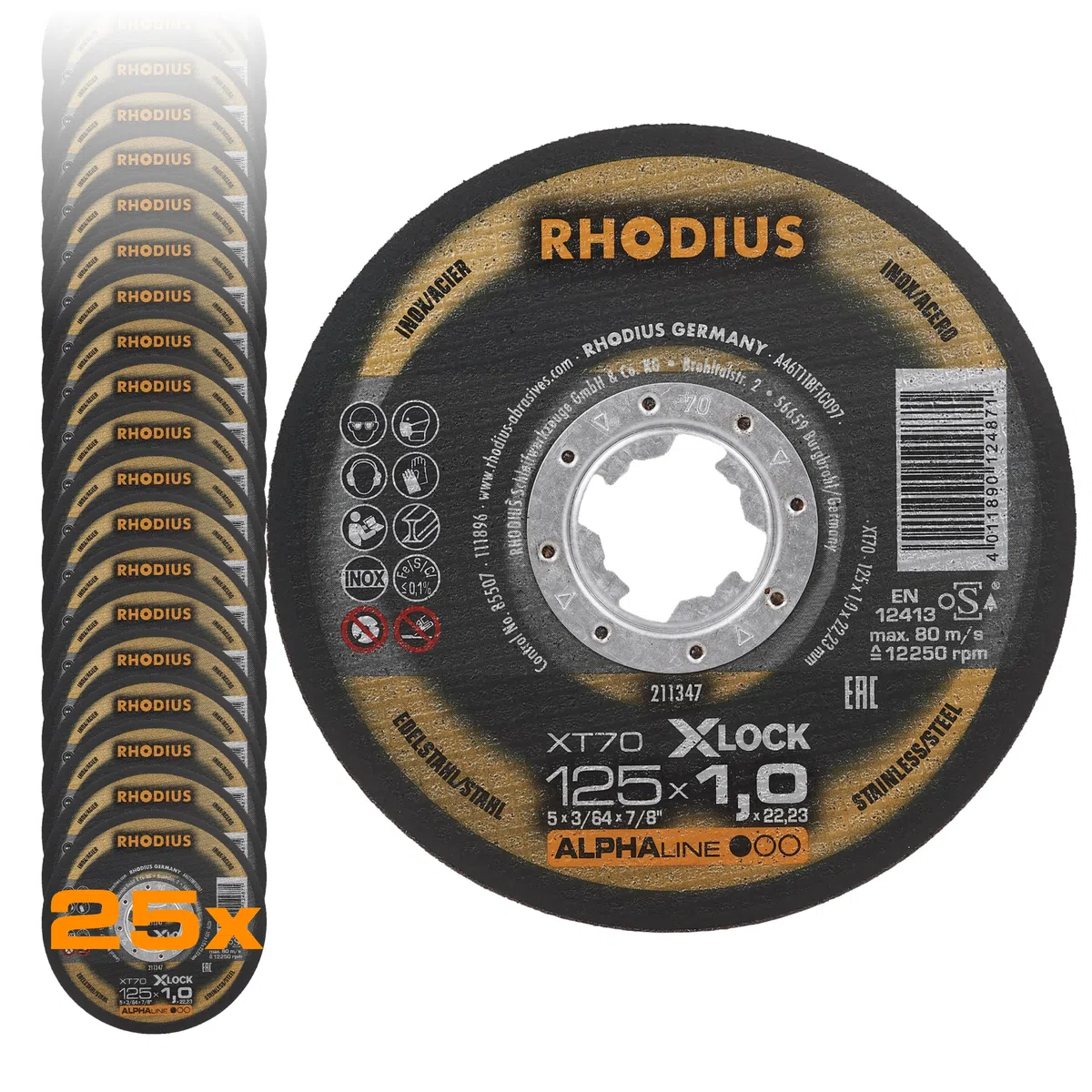 RHODIUS XT70 X-LOCK | 25 Stück Ø 125 mm x 1,0 mm | Trennscheibe Metall | Extra dünn | Made in Germany | für Winkelschleifer, Edelstahl, INOX, Stahl, Eisen, Hartmetall