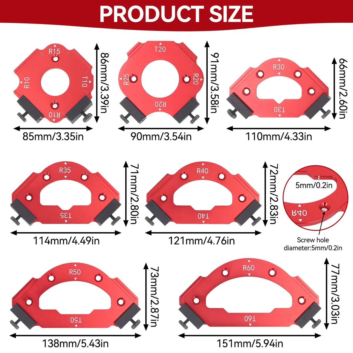 7 Stück Frässchablone Oberfräse Rund, Rot Aluminiumlegierung Router Jig Radius Schablone für Holzbearbeitung R10 R15 R20 R25 R30 R35 R40 R50 R60 T10 T20 T30 T35 T40 T50 T60