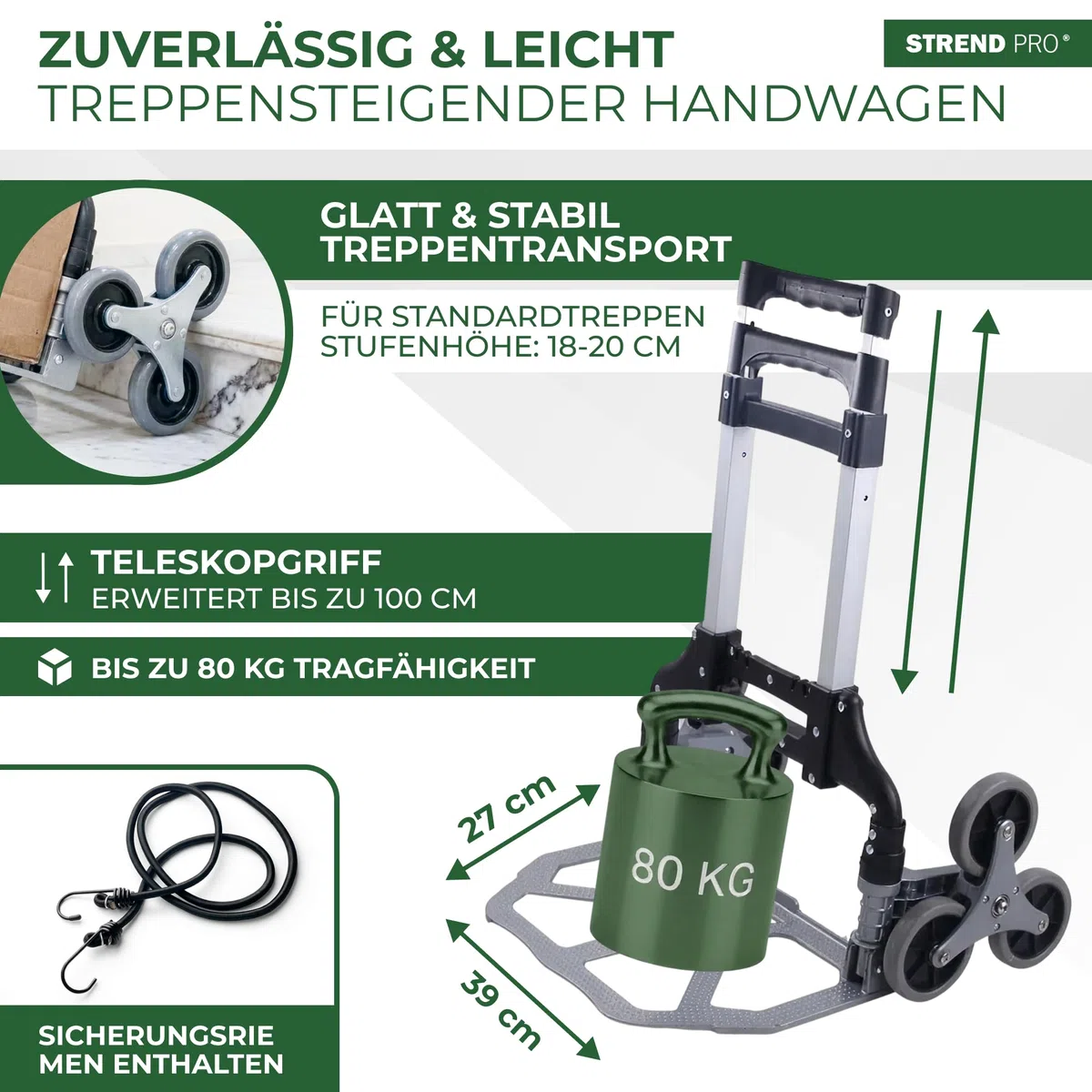STREND PRO Sackkarre Treppensteiger 80kg | Klappbare Treppenkarre mit 3-Rad-System | Robuste Transportkarre für Treppen & Stufen | Handkarre Höhenverstellbar & Kompakt