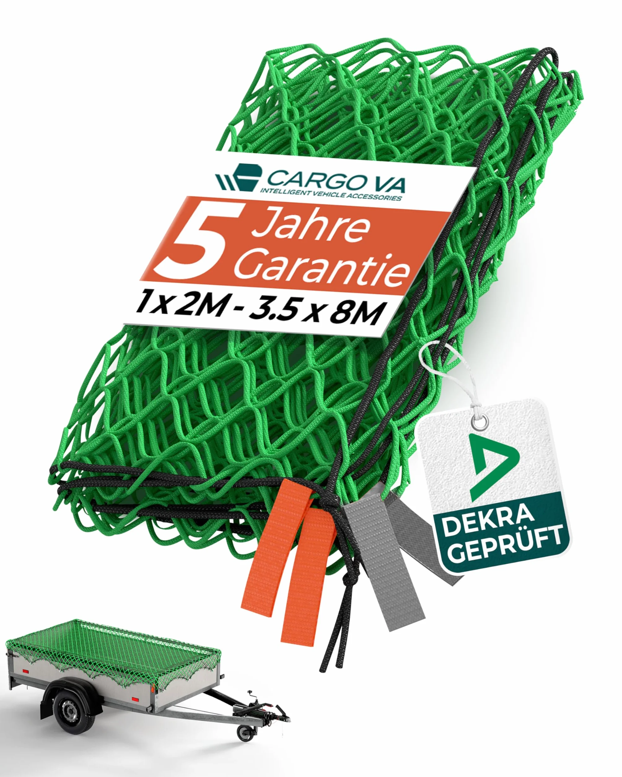 CargoVA Anhängernetz 2 * 2x3M [DEKRA Geprüft] - Ladungssicherungsnetz mit Gummiseil & Eckenmarkierung - Abdecknetz für Anhänger, Reißfest