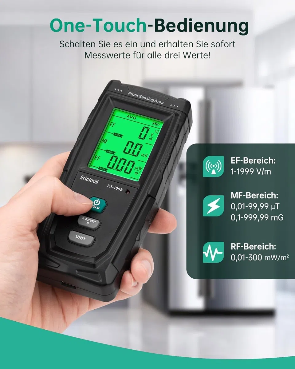 ERICKHILL EMF Messgerät RT-100S, EF/MF/RF-Prüfung, wiederaufladbarer magnetfeld, digitaler/Grafik-Dual-Interface-Strahlungsdetektor, digitaler LCD-Bildschirm, für Zuhause, Büro, Outdoor