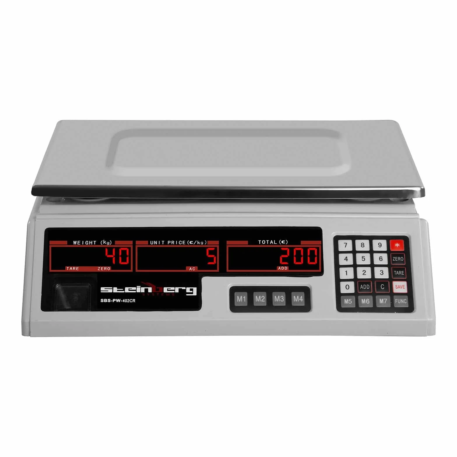 Steinberg Systems Kontrollwaage 40 kg / 2 g Tischwaage Digitale Waage 7 Speicherplätze LED-Display integrierter Akku