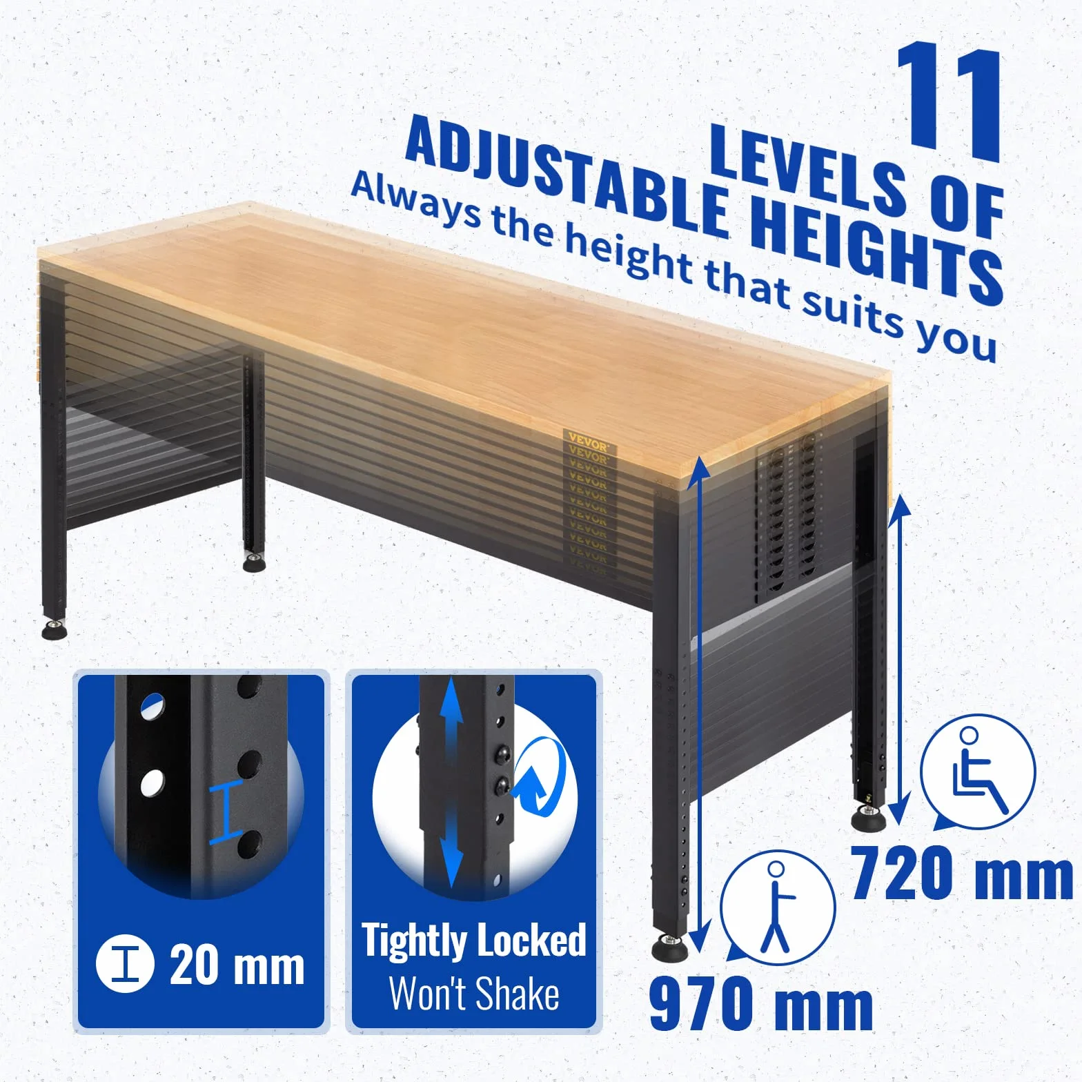 VEVOR Höhenverstellbare Werkbank 122 x 61 x 72-97 cm Spanntisch, 900 kg Gewichtskapazität Arbeitstisch, Braun Klappbare Werkzeugbank aus Kaltgewalzter Stahl, Multifunktionswerktisch für Werkstatt