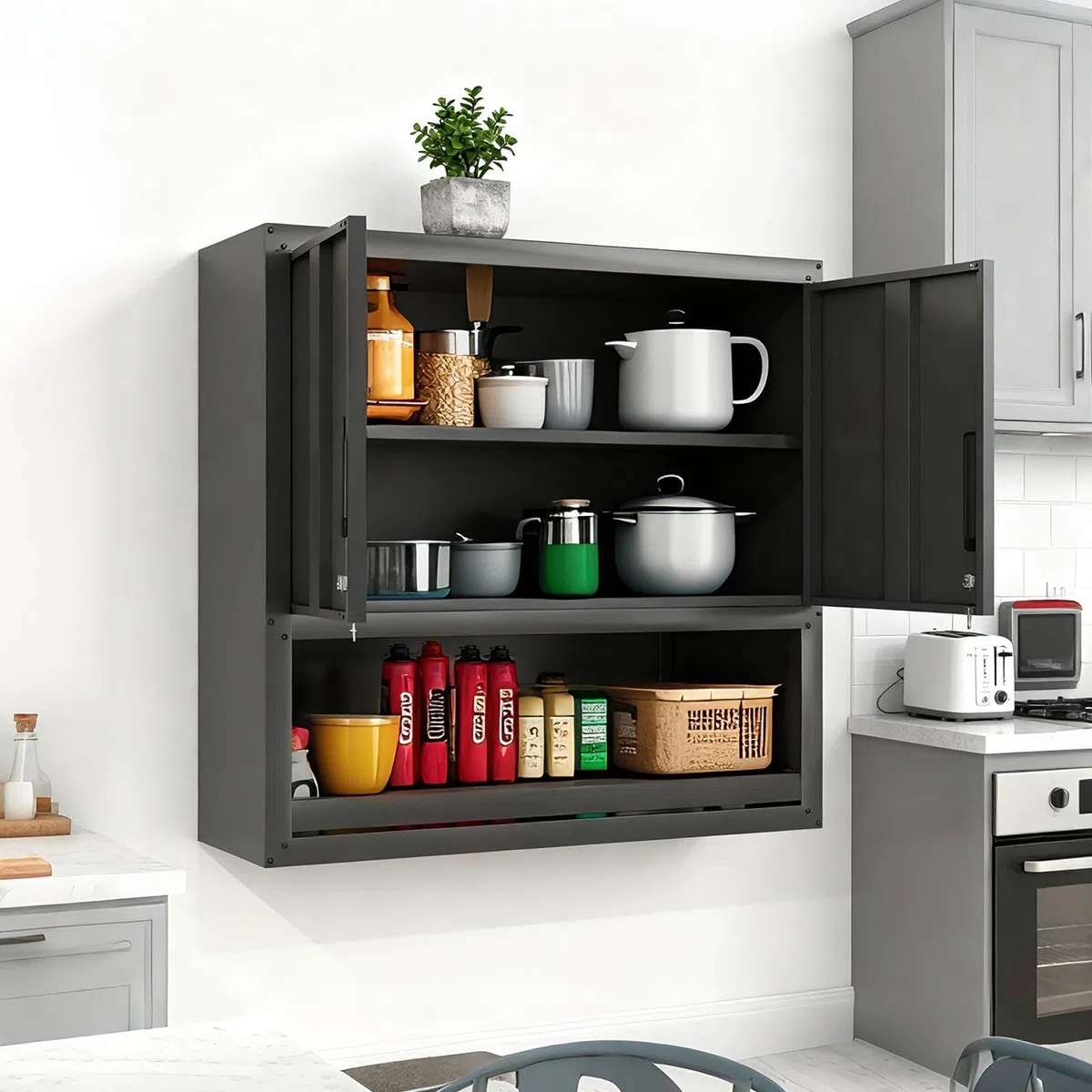 Wandmontierbarer Metall-Werkzeugschrank 77x75x30 cm | Abschließbarer Hängeschrank mit Verstellbarem Einlegeboden & Offenem Schub | Rostfrei für Garage, Lager, Büro, (Schwarz)