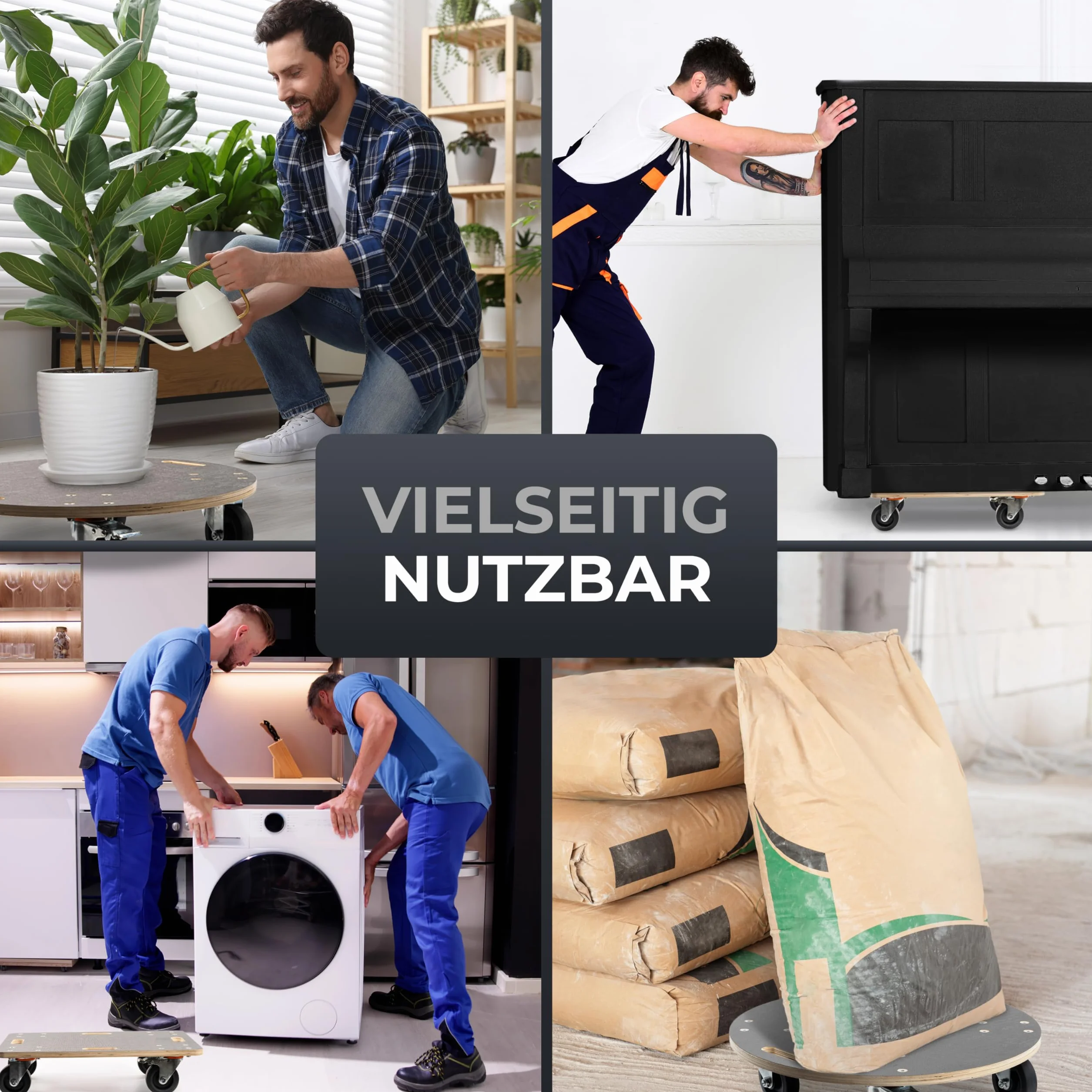 Rollbrett Schwerlast | Extra leise Rollen | 400kg Belastung | mit 2 Festell-Bremsen und Tragegriffen | Hochwertiges Holz | Transportroller | Rollwagen für Pflanzgefäße