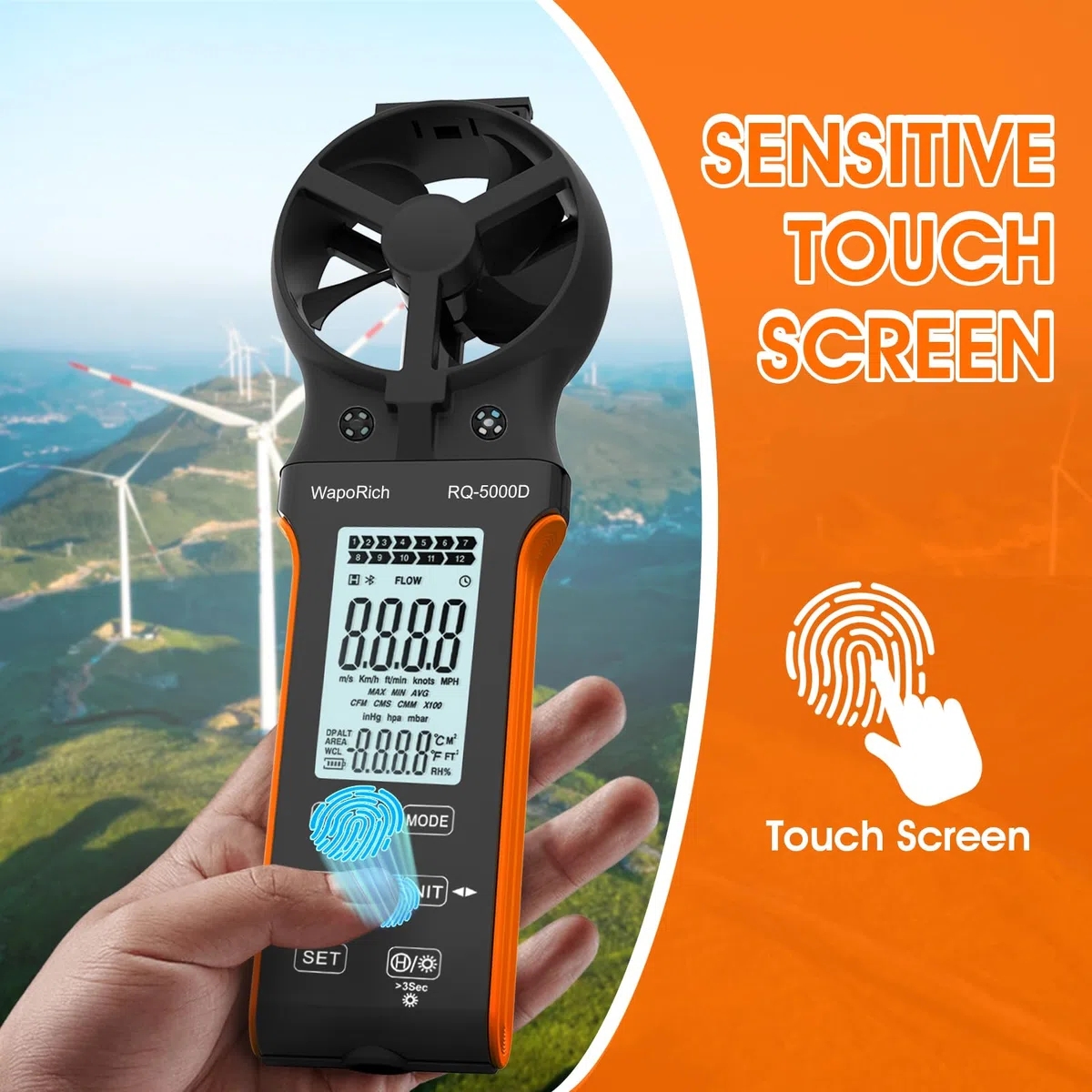 Windmesser CFM Messgerät, WapoRich Anemometer Handheld Wind Speed Meter Digital Windmessgerät Wiederaufladbares Misst Luftvolumen/Windgeschwindigkeit/Temp mit MAX/MIN für HVAC Drohne RQ-5000D
