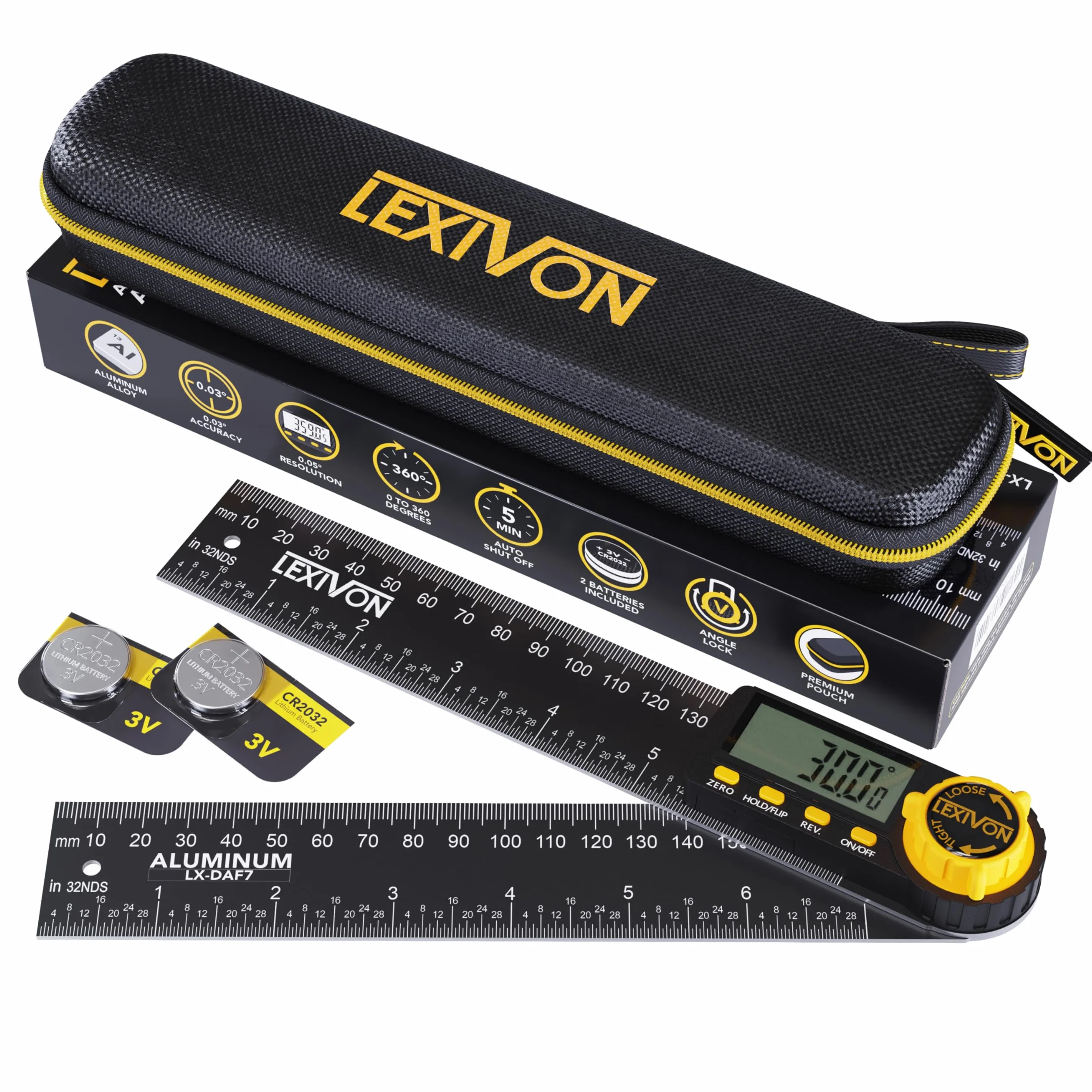 LEXIVON Digitaler Winkelmesser aus Aluminium, 180 mm, Digital Winkellehre Mehrzweck-Winkelmessgerät, inklusive XL-Display und robuster Reißverschlusstasche (LX-DAF7)