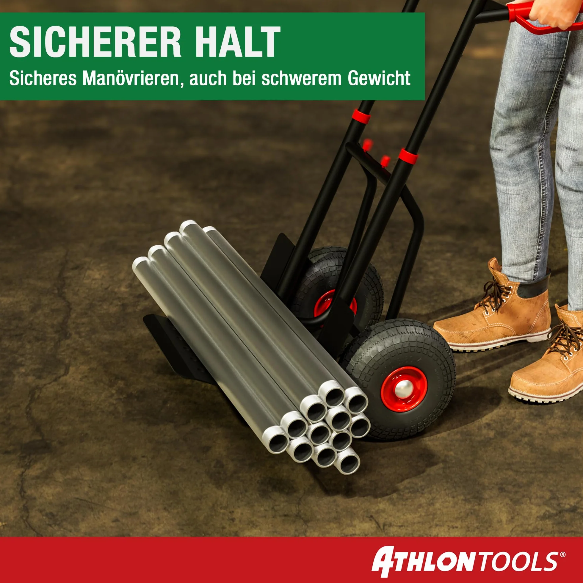 ATHLON TOOLS Schwerlast Sackkarre Vollgummireifen 200kg – Stahlrahmen mit luftgefüllten Reifen, große Räder leichtgängig & stoßarm, platzsparend zusammenklappbar