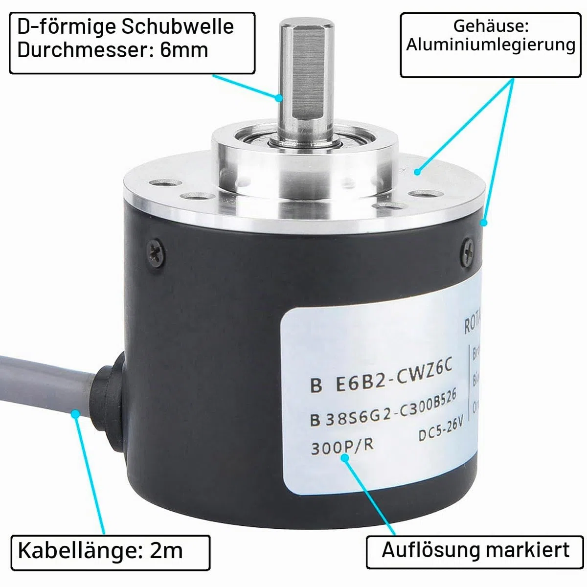 1000P/R Drehgeber, 300P/R to 2500P/R Inkremental-Drehgebermodul DC 5-26V Universal-Drehgeber A,B,Z 3-Phasiger Ausgang, Mit 2M Kabel 6mm D-Welle, Für Intelligente Steuerung Wegmessung (1000P/R)