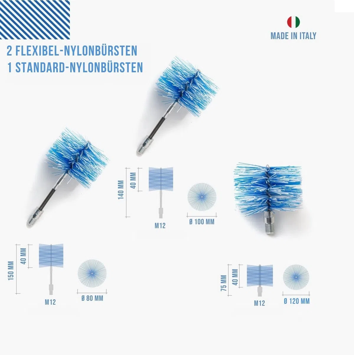 Pelletofen Reinigungsset Flex | Ofenrohr Schornsteinreinigung Ø 80/100/120 mm | 6 m Verlängerung beschichteter Stahl | M12-Anschluss, kompatibel BARETTO Spazzole