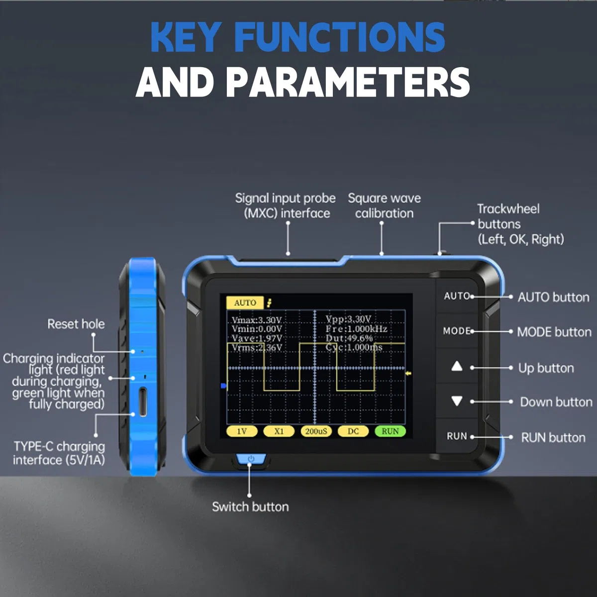 Oszilloskop Handheld, Digital Handoszilloskop 400V 200KHz Bandbreite Abtastrate 2.5MS/s Tragbare Oscilloscope 2.8" TFT Auto/Nomal/Einzel Triggermodus Tasche Oszilloskope für Anfänger
