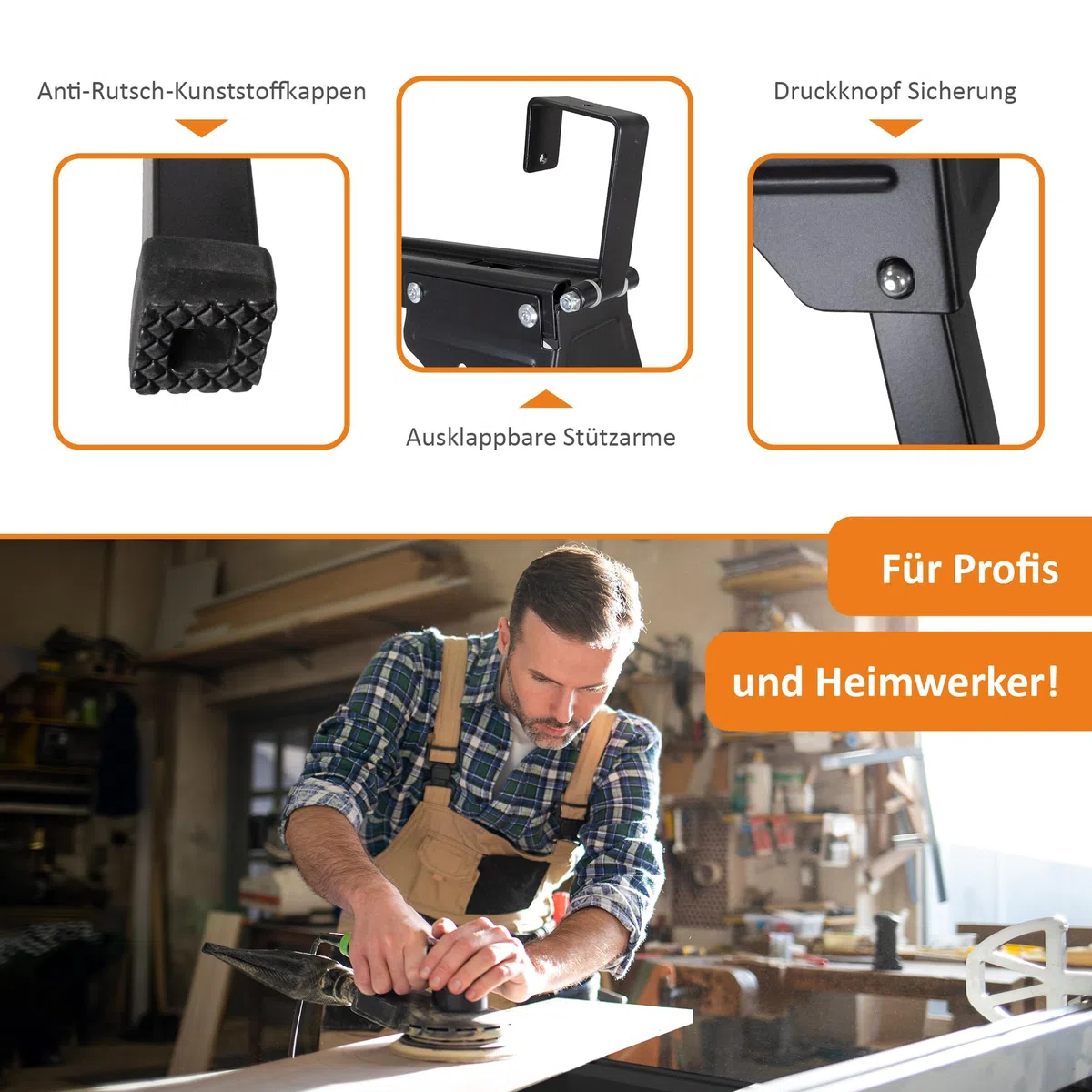 Lemodo Arbeitsbock 2er Set klappbar – Klappbock Stahl mit 400 kg Tragkraft pro Bock, Unterstellbock belastbar, Stabiler Montagebock, Sägebock kompakt mit klappbaren Stützarmen