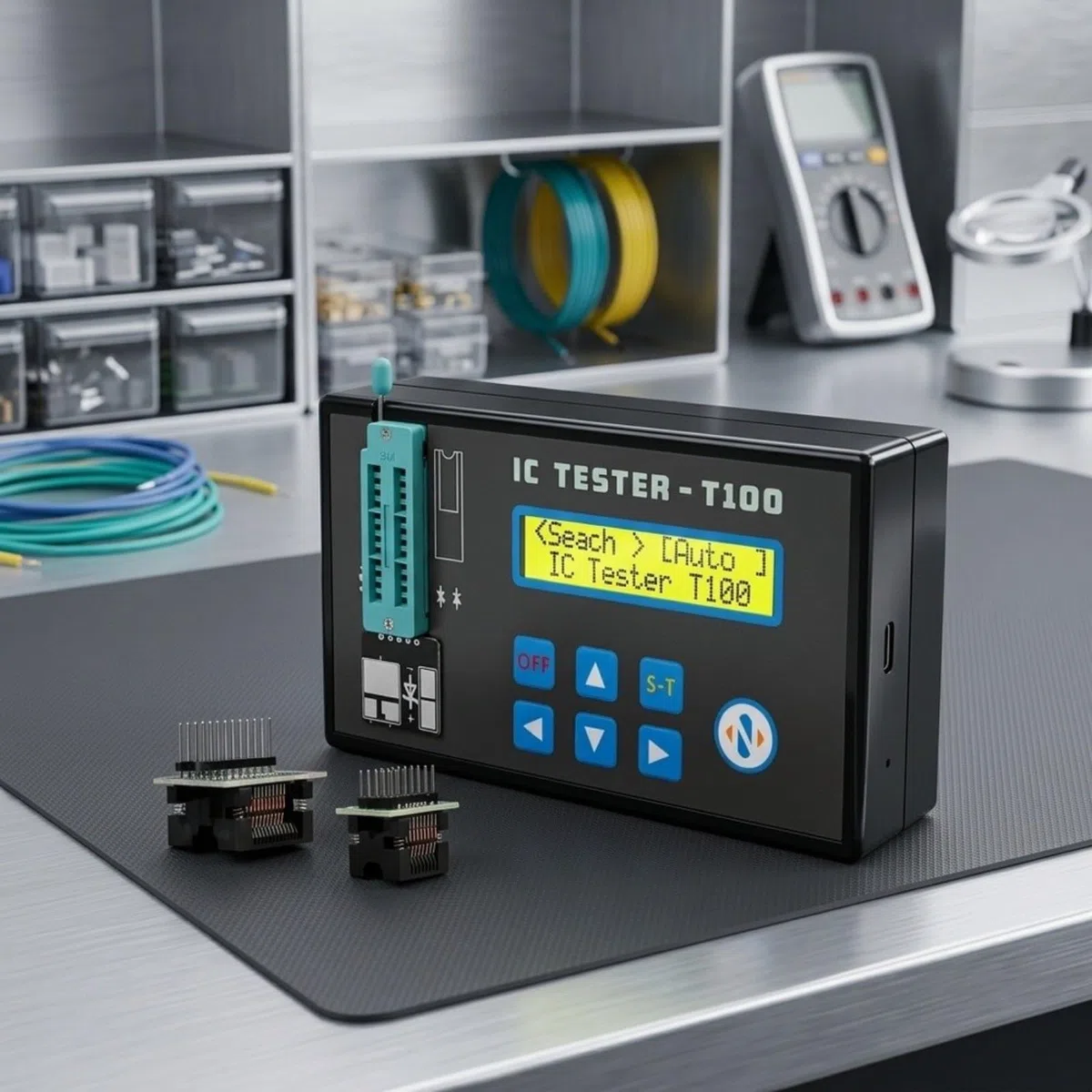 IC-Tester TESTER-T100 für Logikchips, Transistoren & Dioden – 1300+ Bauteile, 74HC/74LS/CD4000, Automatische Erkennung, Energiesparfunktion(Main unit + dock)