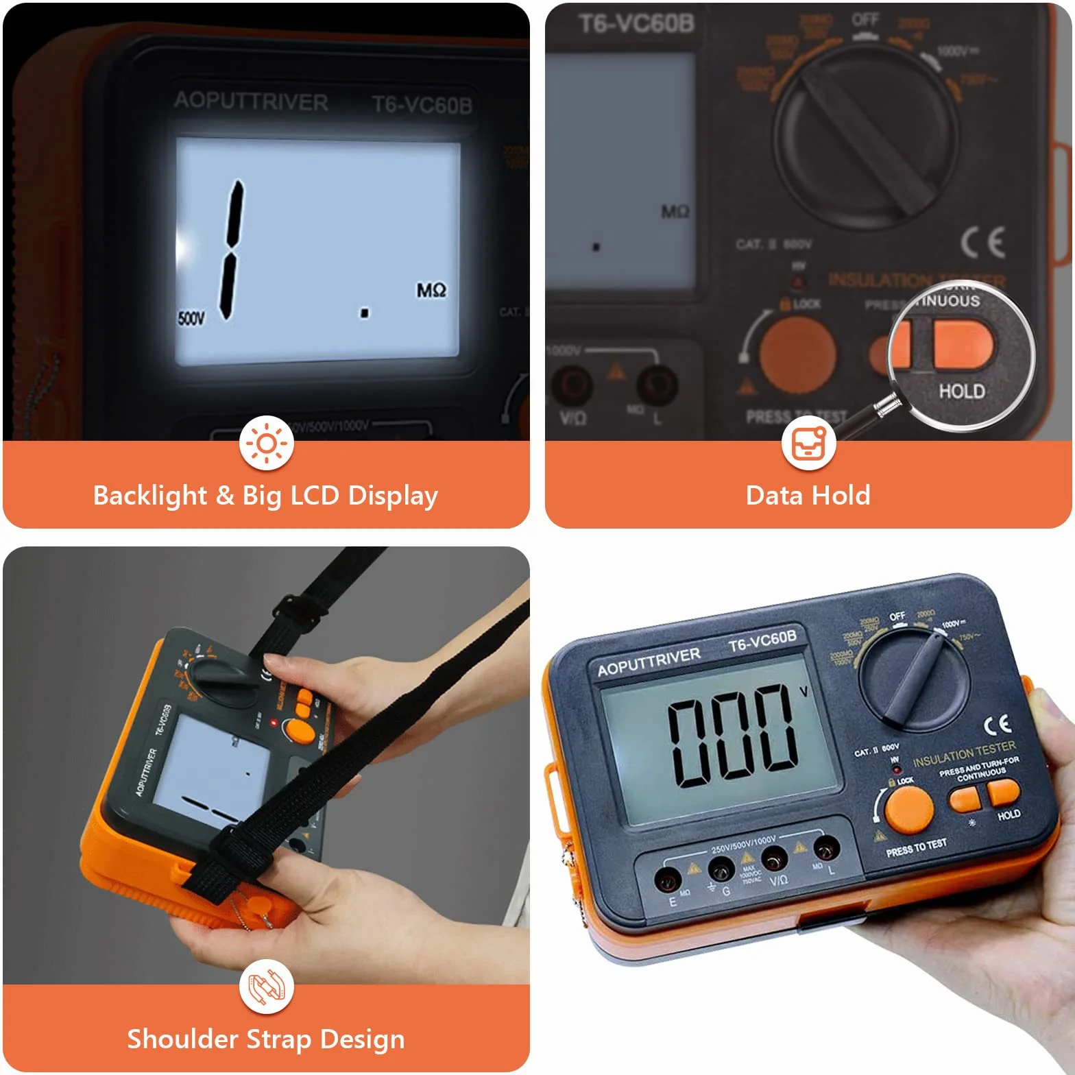 Digitaler Isolationswiderstandstester, 1999 Zählt Megohmmeter Großes LCD-Display Megohmmeter DC250/500/1000V AC750V, 200MΩ~2000MΩ mit Hintergrundbeleuchtung für Datenspeicherung für Motorkabel
