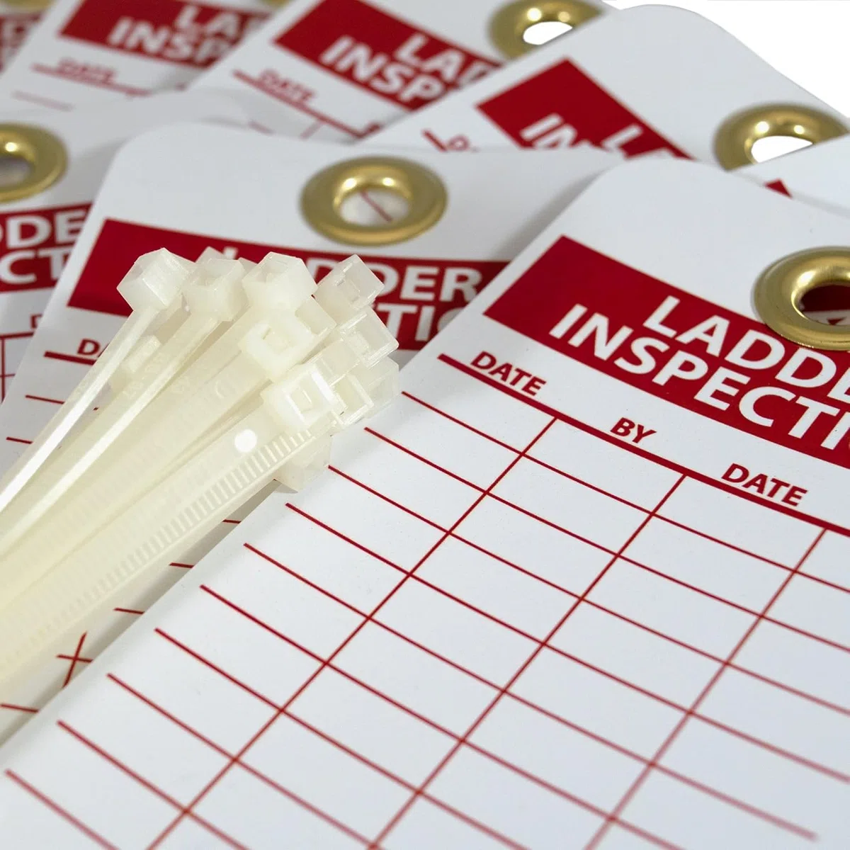 NMC RPT168G LADDER INSPECTION Accident Prevention Tag with Brass Grommet, Unrippable Vinyl, 3 Length, 6 Height, Red on White (Pack of 25) by NMC