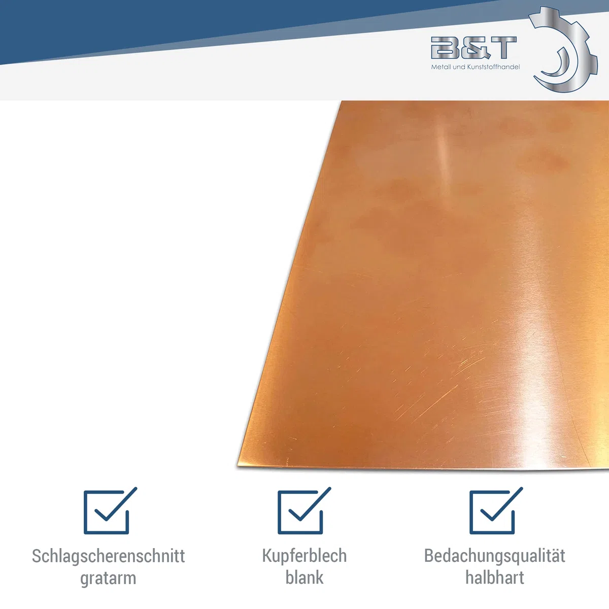 B&T Metall | Kupferblech 0,5 mm stark | Qualität nach DIN EN 1172 CUI-DHP-CW024A R240 halbhart | Zuschnitt auf Wunsch | Größe 300 x 600 mm (30 x 60 cm)
