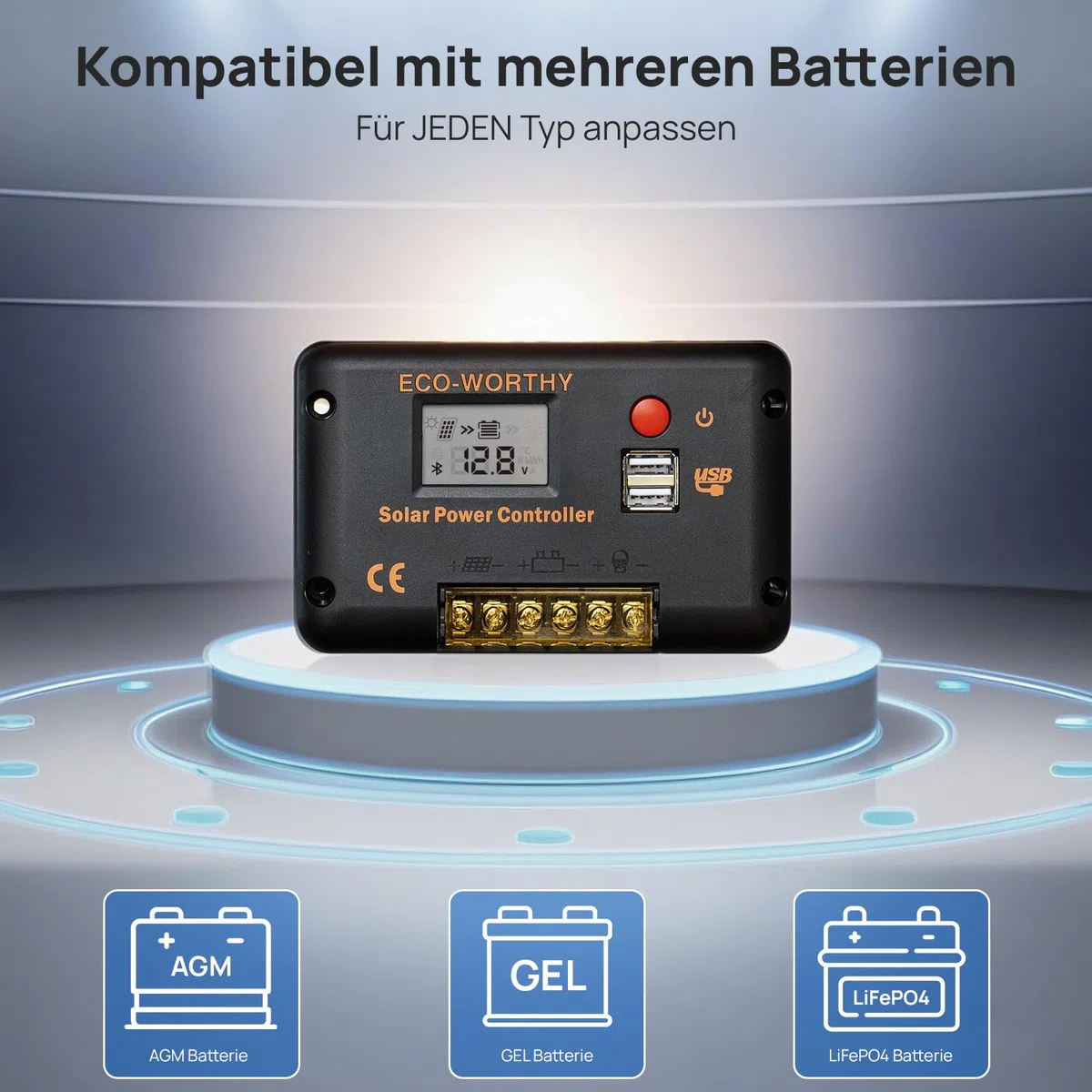 ECO-WORTHY 30A laderegler solar 12v /24v PWM mit Bluetooth & APP Überwachung, Intelligenter Batterie Controller für Solarpanel mit 2 USB-Anschlüssen für AGM/LiFePO4/GEL im Wohnmobil Solar System
