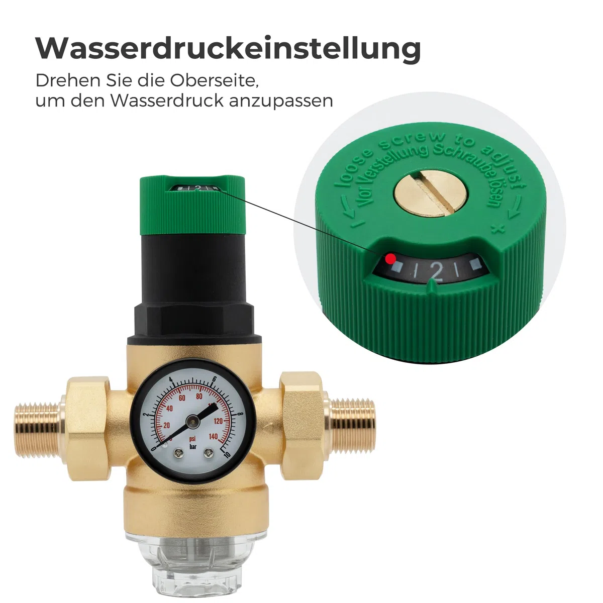 VANCOCO Druckminderer Wasser 1/2 Zoll DN 15, Wasserdruckregler mit Manometer und Filter, Wiederverwendbarer Druckregler aus Messing