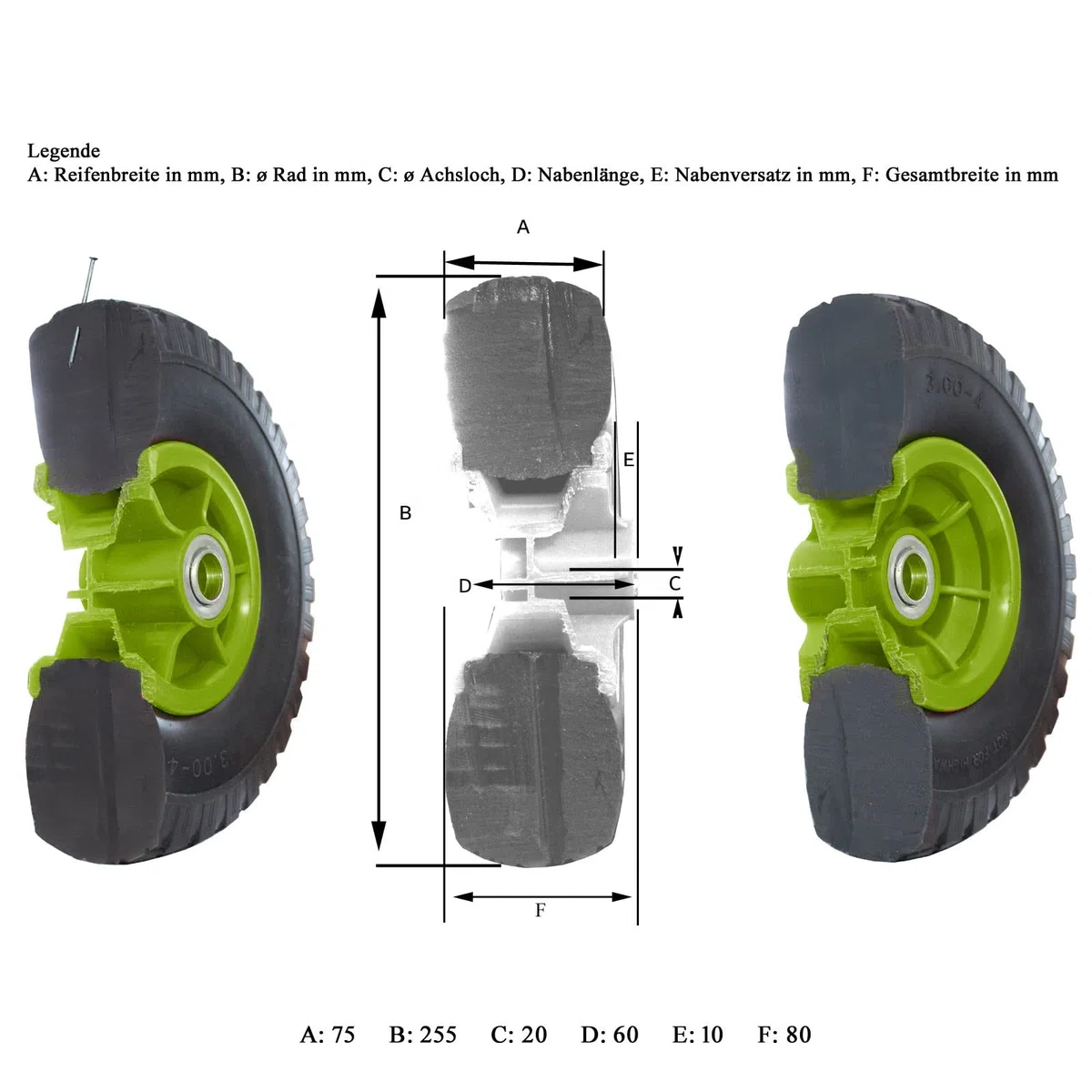 TRUTZHOLM 4X pannensichere Ersatzräder für Bollerwagen, Gartenwagen oder Sackkarre 260x85mm Vollgummi 3.00-4 PU Ersatzrad Rad Reifen 75mm Nabenlänge grün (Grün, versetzte 60 mm Nabe)
