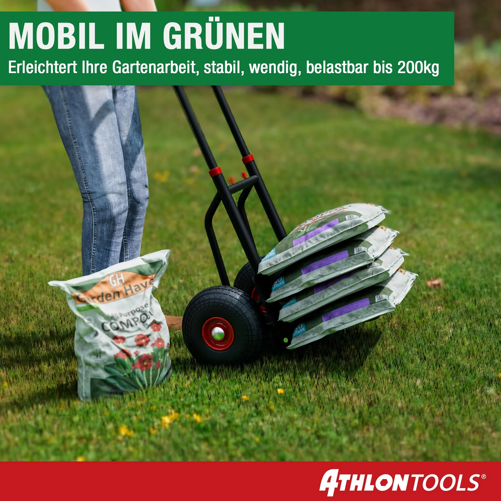 ATHLON TOOLS Schwerlast Sackkarre Vollgummireifen 200kg – Stahlrahmen mit luftgefüllten Reifen, große Räder leichtgängig & stoßarm, platzsparend zusammenklappbar