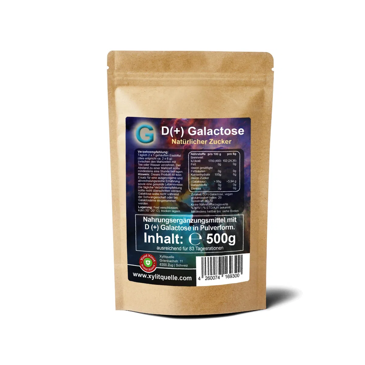 D(+) Galactose 500 g Pulver - hochrein 99,8% - Schweizer Markenqualität - aus Akazie fermentiert & lactosefrei - Schleimzucker - sehr gut löslich