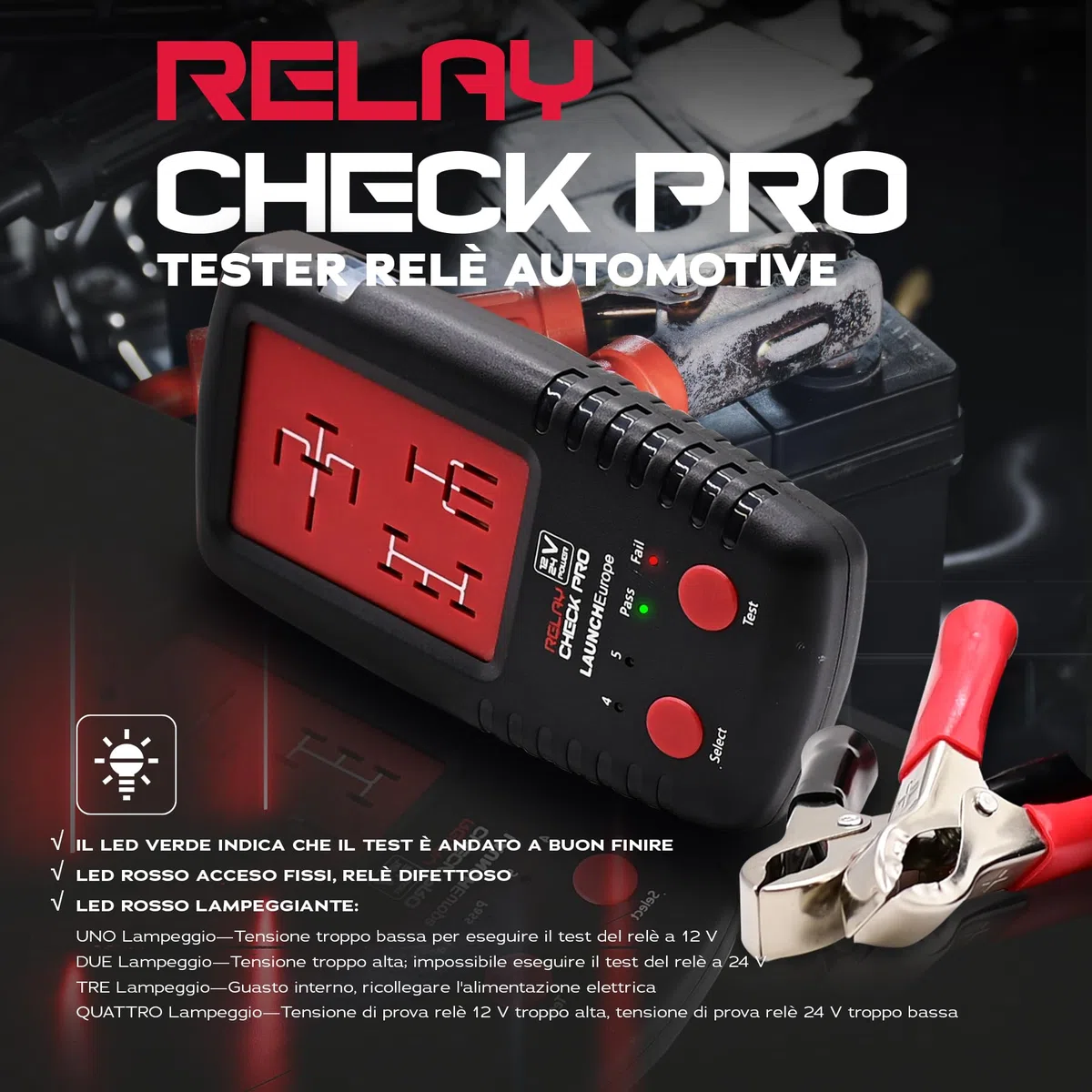 LAUNCH Europe RelayCheck Pro 12V/24V Relais Tester PKW LKW, Auto-Pin-Erkennung für 4/5-Pin, Belastete Kontaktprüfung, LED-Fehlercodes & Tasche, tragbares Diagnosegerät für KFZ & Industrie