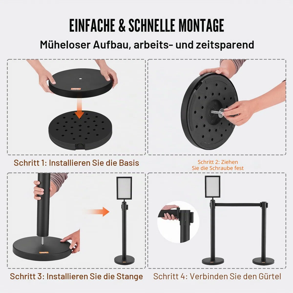 VEVOR Personenleitsystem Absperrband Absperrständer 6-teilig, 2 m x 48 mm Schwarzer Einziehbarer Gürtel, Personenleitsystem Absperrpfosten mit Schildern für Flughäfen, Messen, Wettkampforte usw.