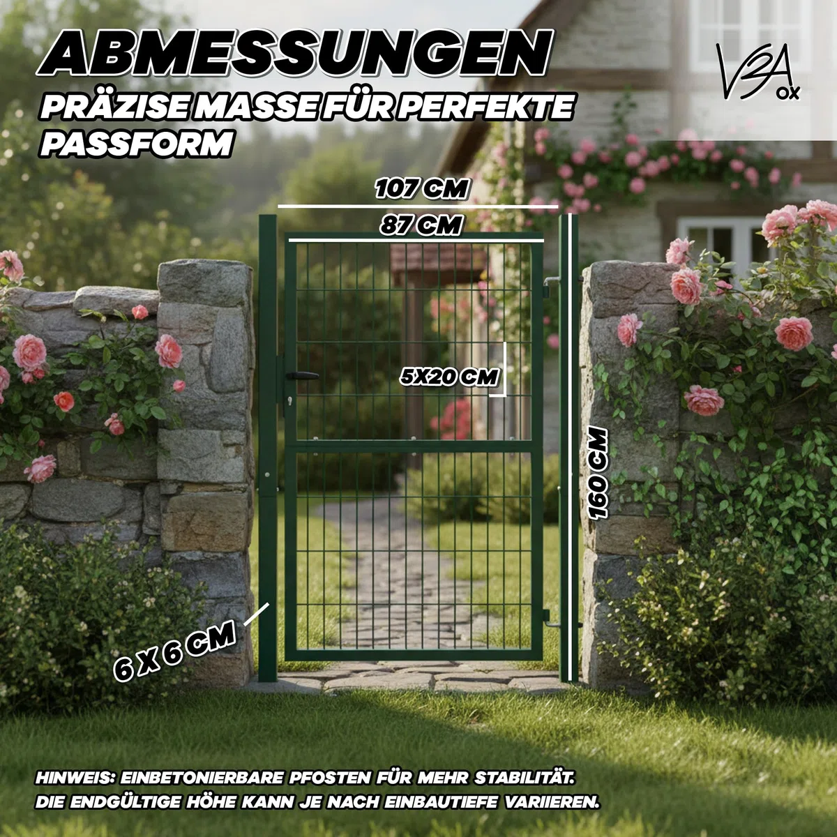 Gartentor Tor für Gartenzaun Zaun 160 cm hoch Gartentür aus Metall für Stabmattenzaun Abschließbar inkl. Pfosten Grün