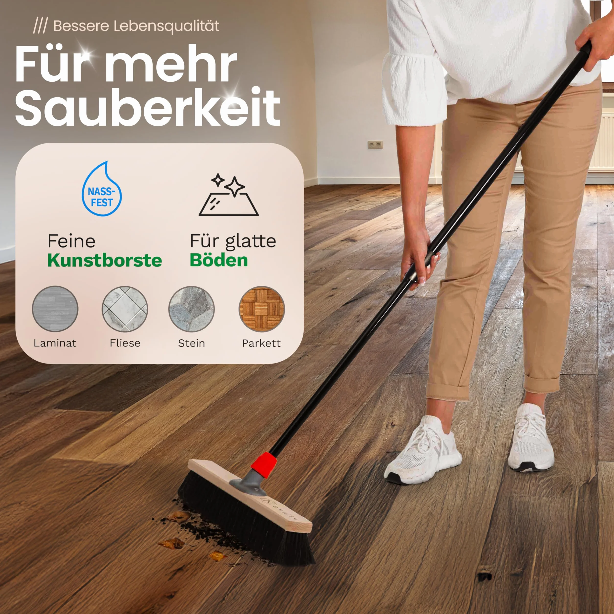 Novaliv 2X Rosshaarbesen mit Stiel 40 cm I Teleskopstiel ausziehbar I Rosshaar schwarz I Saalbesen breit Kehrbesen Haushaltsbesen Werkstattbesen Besen Balkon